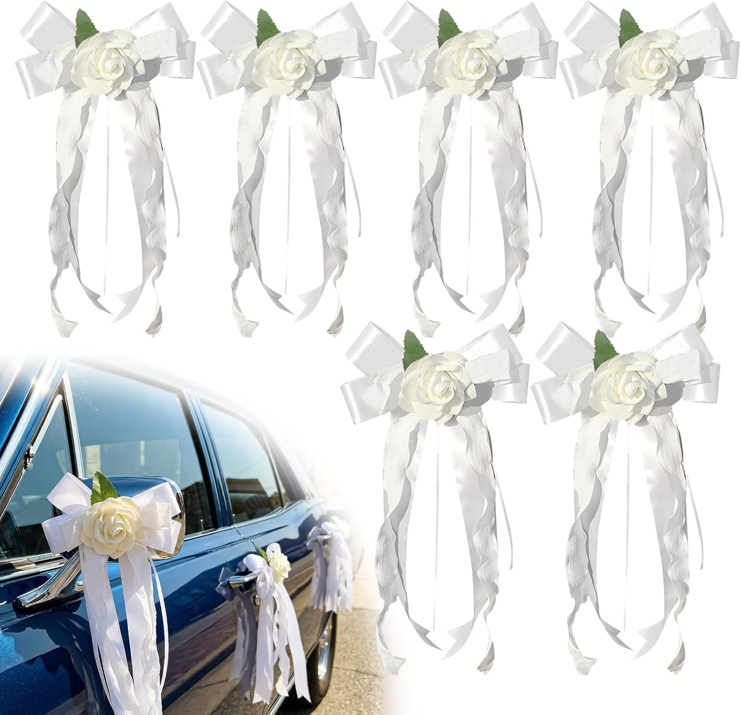 6PCS Wedding Car Door Handle Flowers, White Artificial Cars Rearview Mirror Bouq