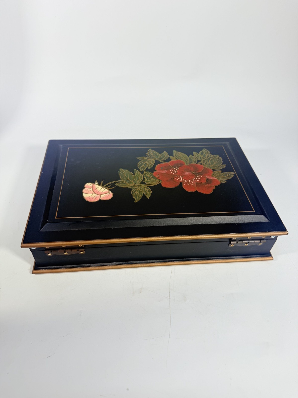 Jewlery Box Embossed Flowers Chinoiserie Oriental Boudoir Table Home Decor Black
