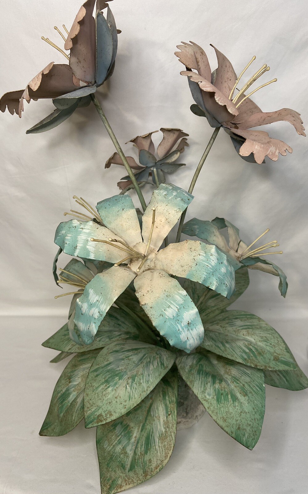 Vintage Metal Flower Arrangement 19” Tall Pink, Blue, Green **READ