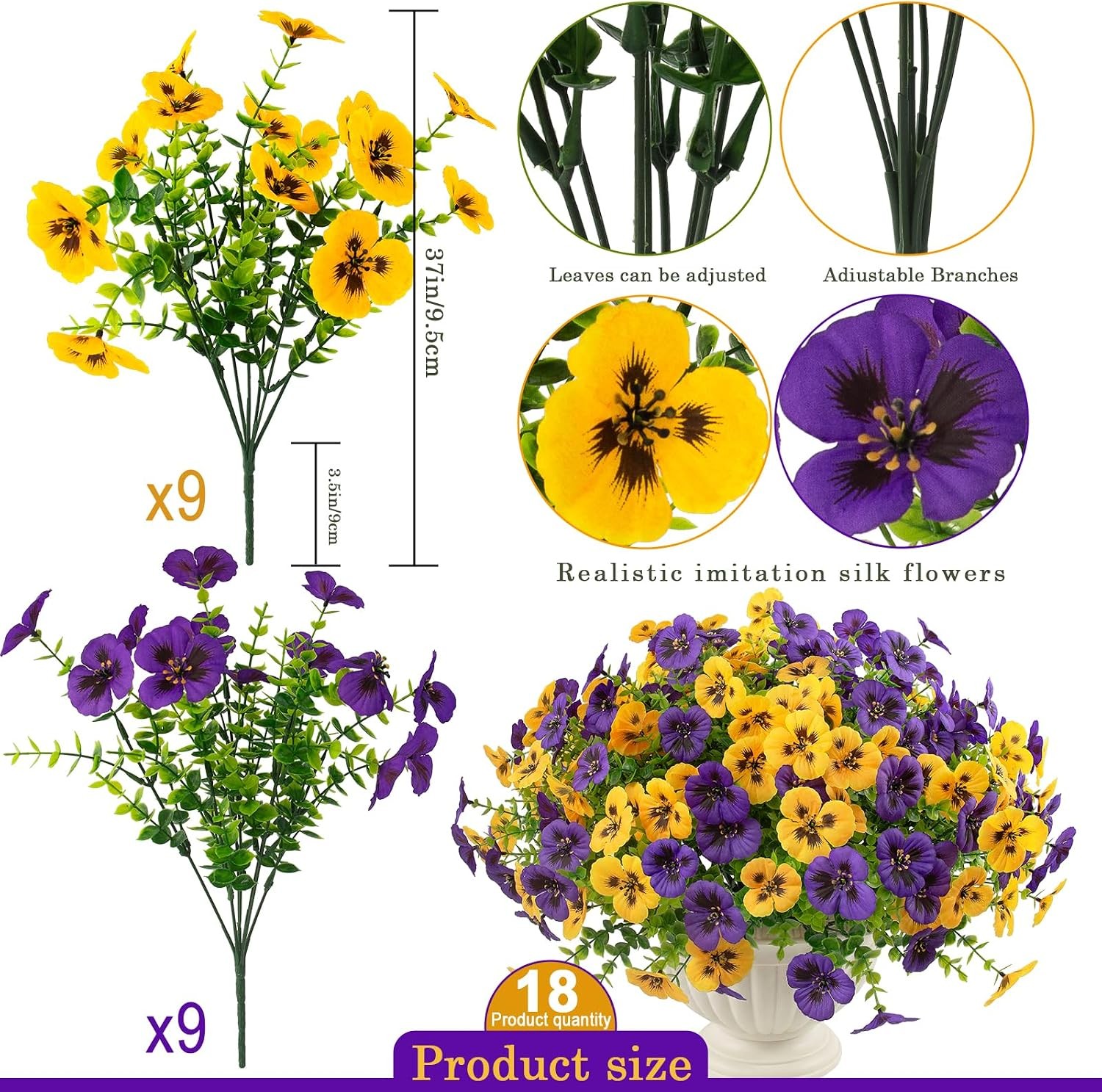 18 Pcs Artificial Fake Pansy Flowers for Outdoor, Faux UV Resistant Silk Pansies