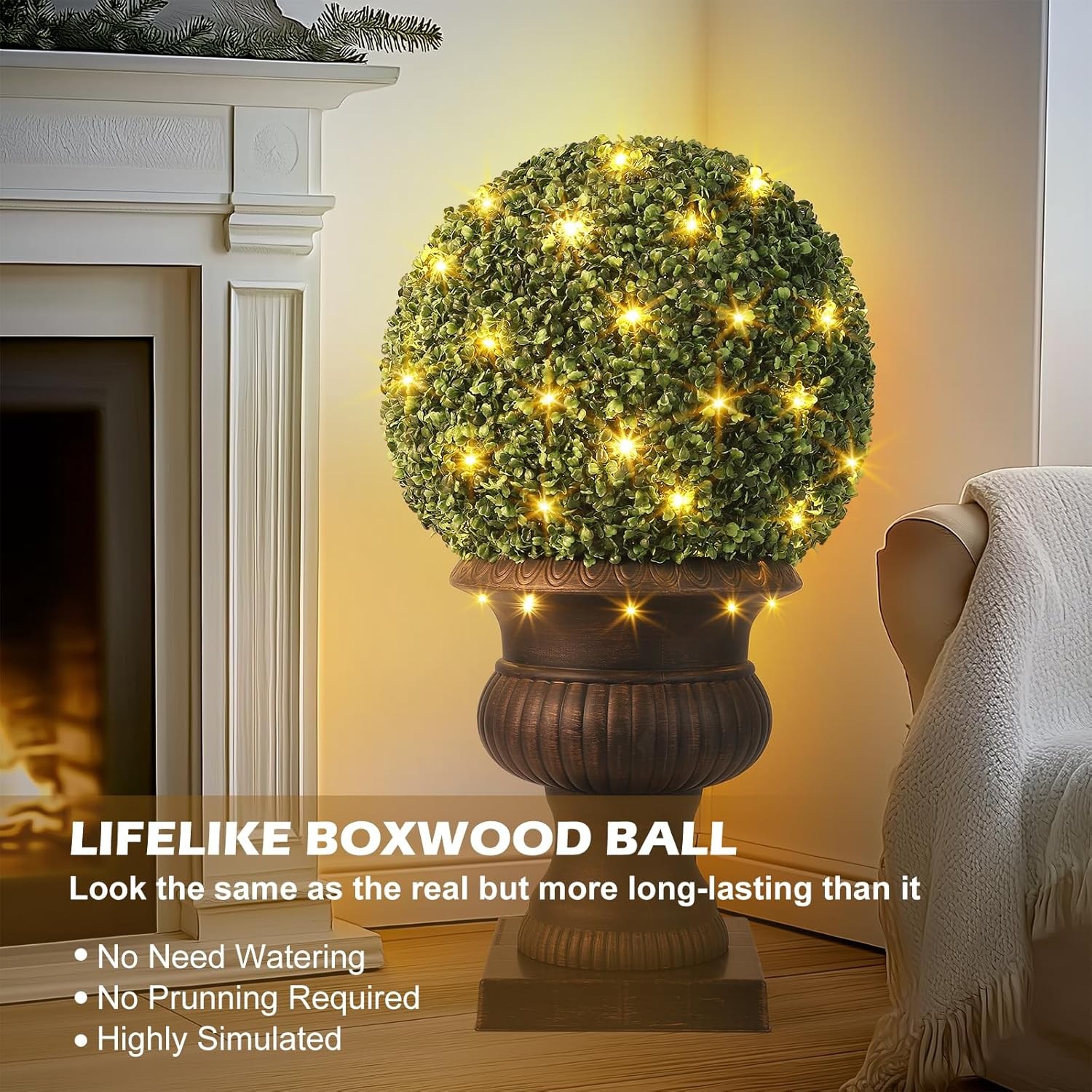 2-Pack 20” Pre-Lit Topiary Balls with Durable Pot Base,Boxwood Ball with 50 LED