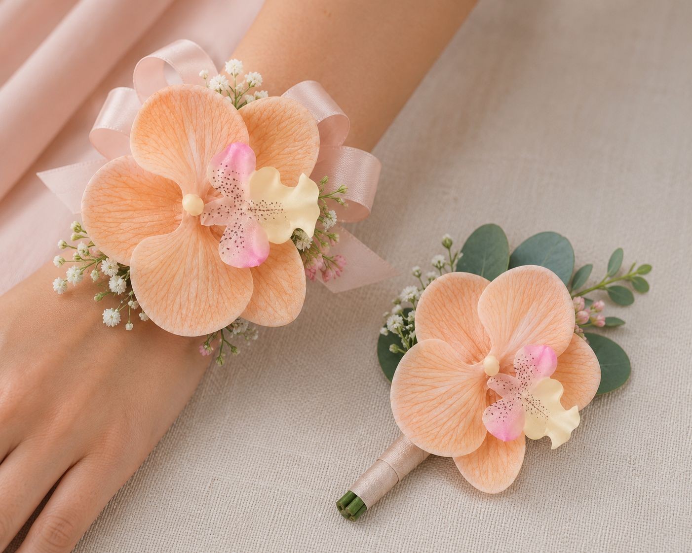 Peach Champagne Real Touch Orchid Heads Set of 2, 3.5 Inch Phalaenopsis Blooms f