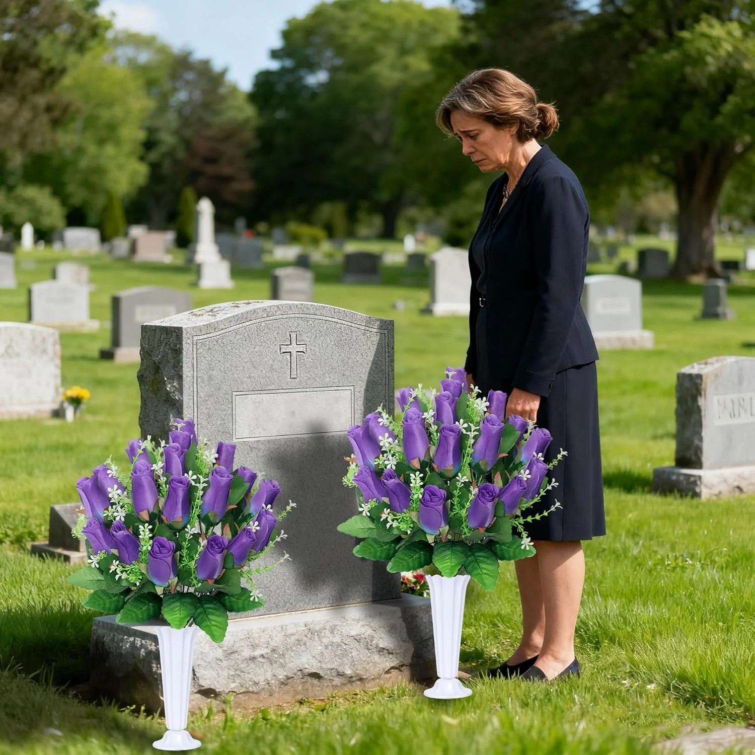 Artificial Cemetery Flowers – Rose Bouquets with Vase for Grave Decoration (P…