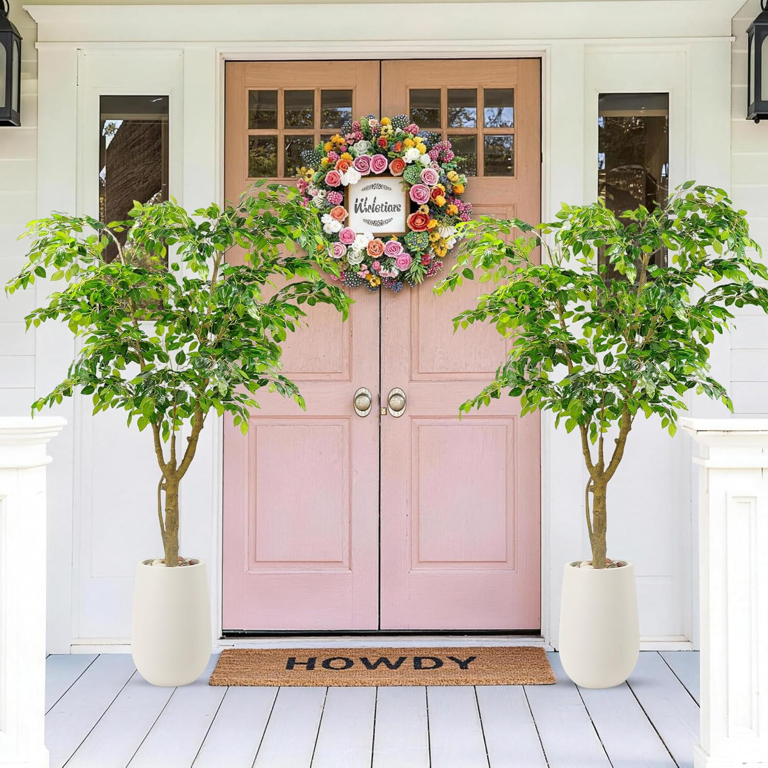 6.5FT Faux Ficus Tree in White Planter – Lifelike Indoor/Outdoor Décor