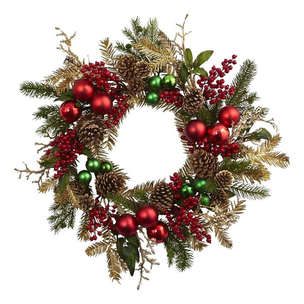 Nearly Natural 24″ Ornament Pine & Pinecone Wreath in Multi-Color