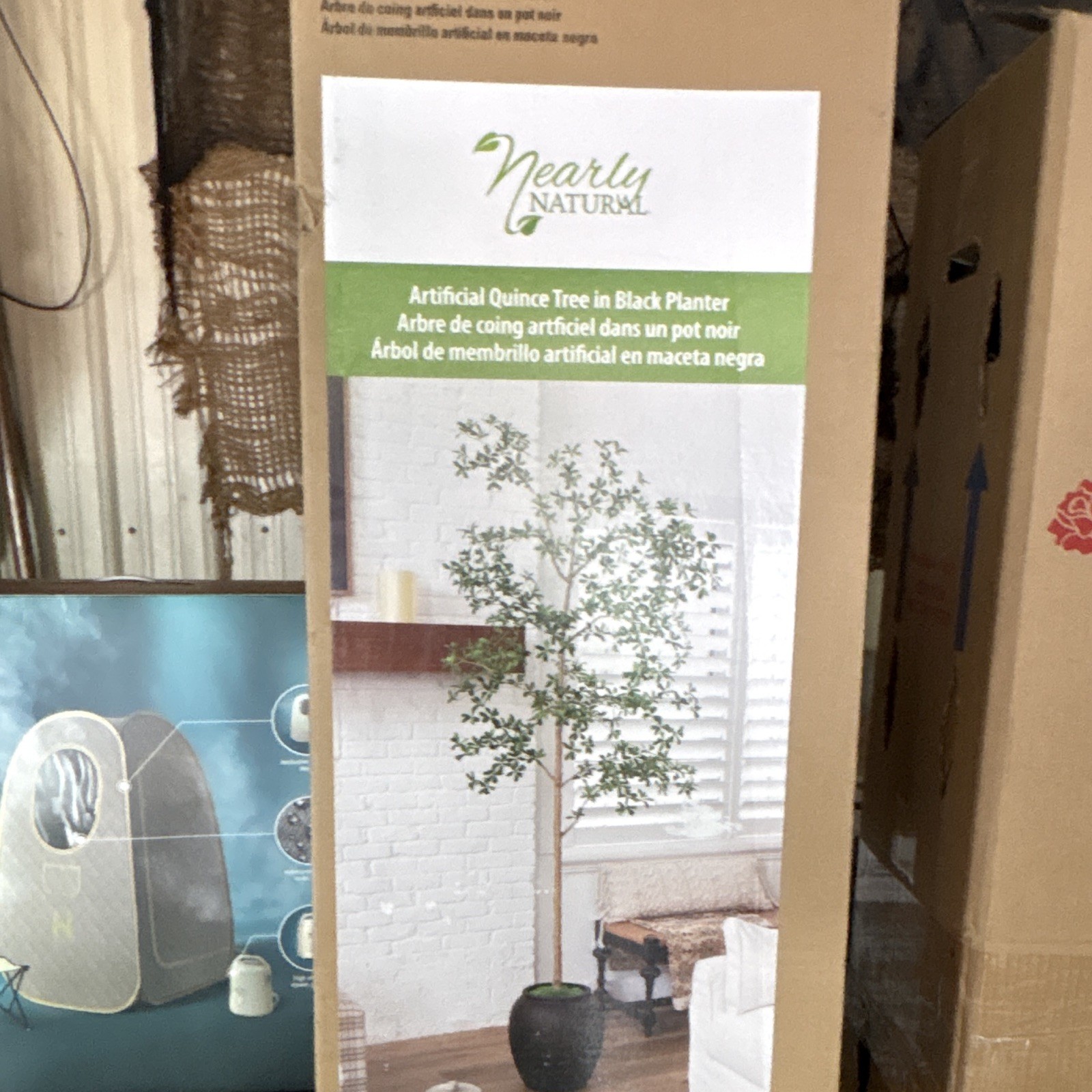 Nearly Natural Artificial Quince Tree in Black Planter, Green Floral & Garden