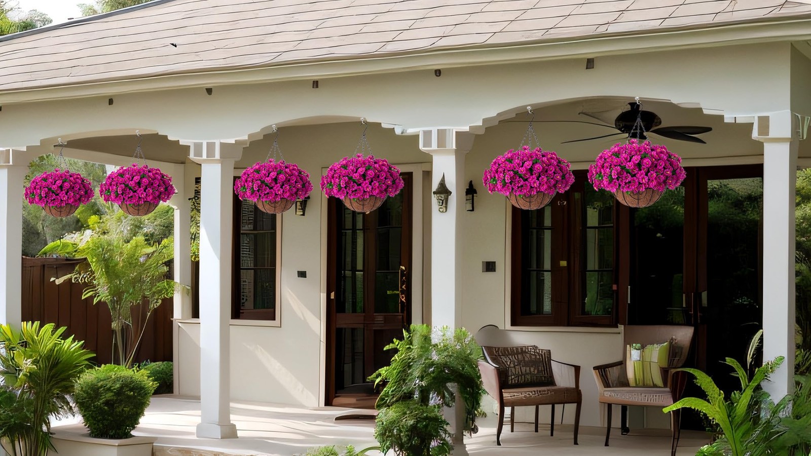 Artificial Hanging Flower Plants with Basket for Outdoor Decoration, Fuchsia