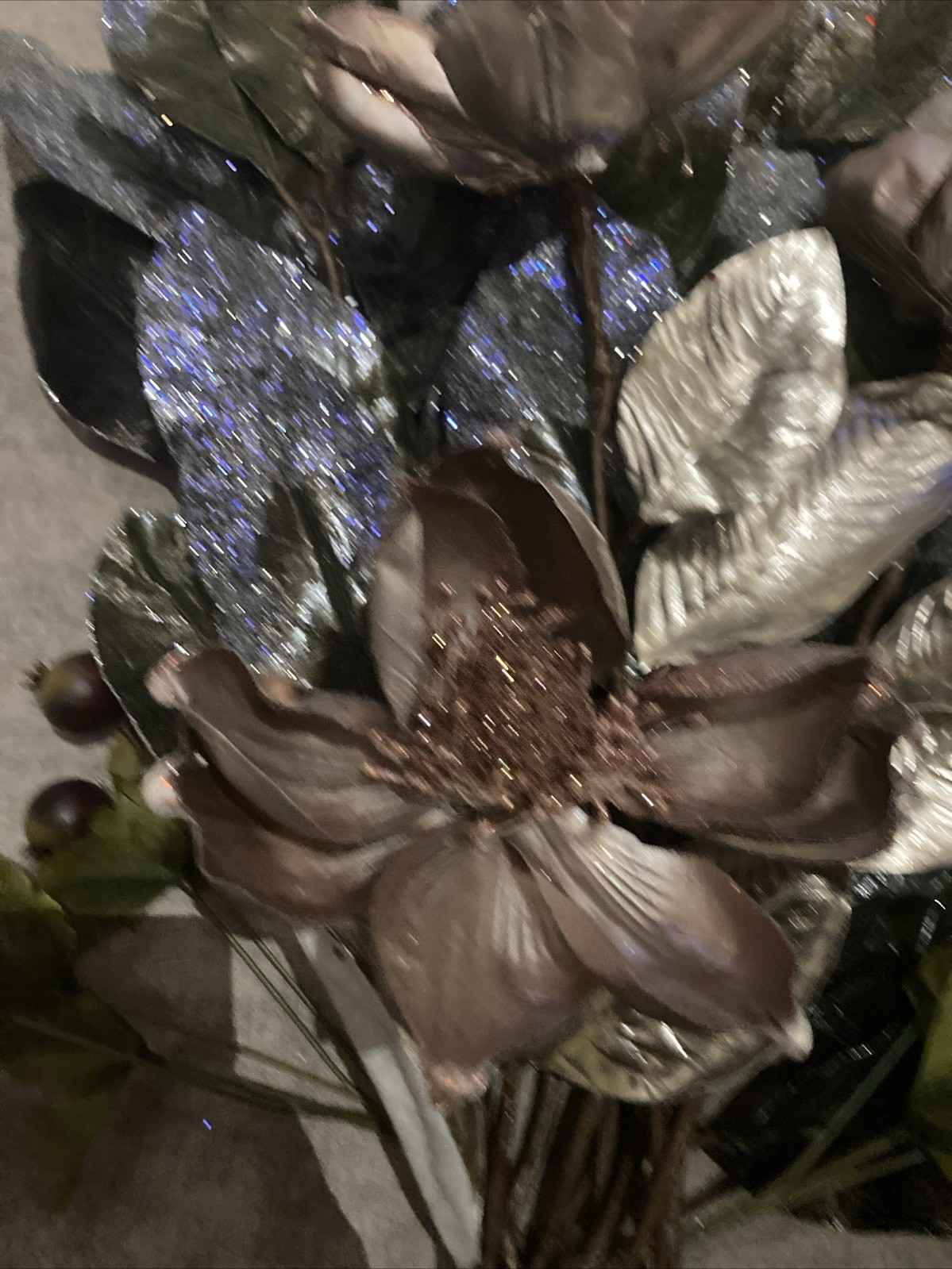 Holiday Floral Magnolia Leaves & Flowers (13 Stems) Grn/Slvr/Wht/Gold Christmas