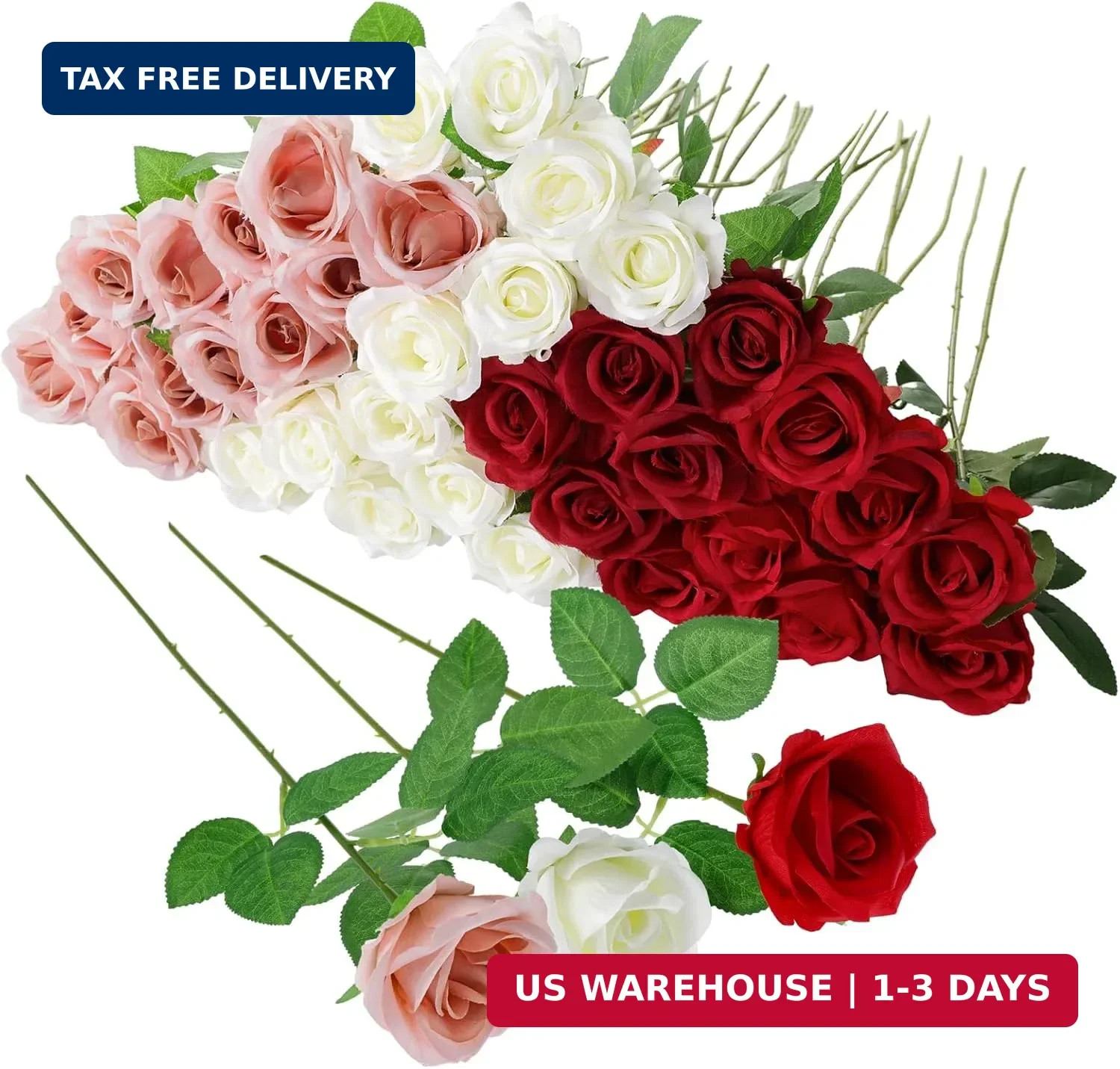 36 Pcs Red White Pink Artificial Roses with Long Stems, Fake Silk Rose Artificia