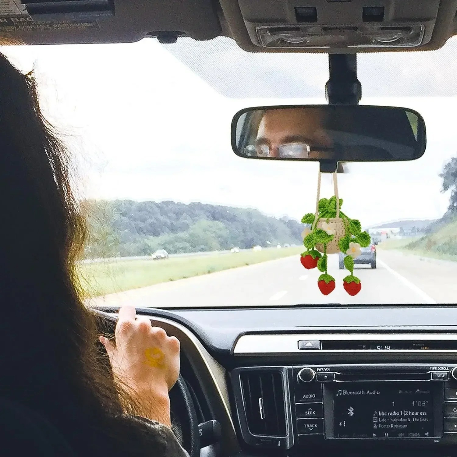 Crochet Strawberry Hanging Plant Car Charm Rear View Mirror Decor Ornament