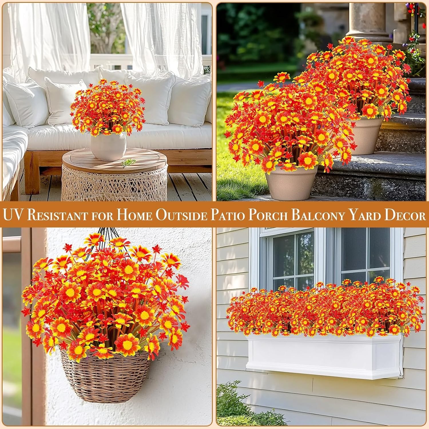 8 Bundles Artificial Mums for Outdoors Fall Flowers UV Resistant Fall Decor |