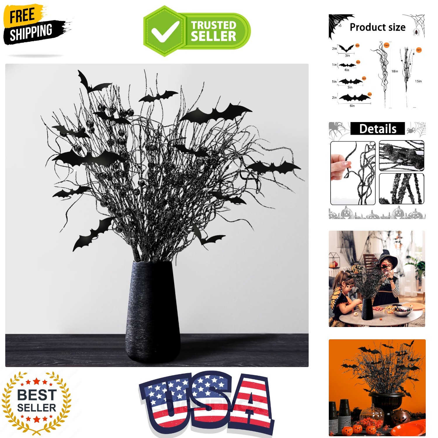 16 Pcs Artificial Halloween Branches Picks Ornaments with 12 Pcs Bats- Fake B…