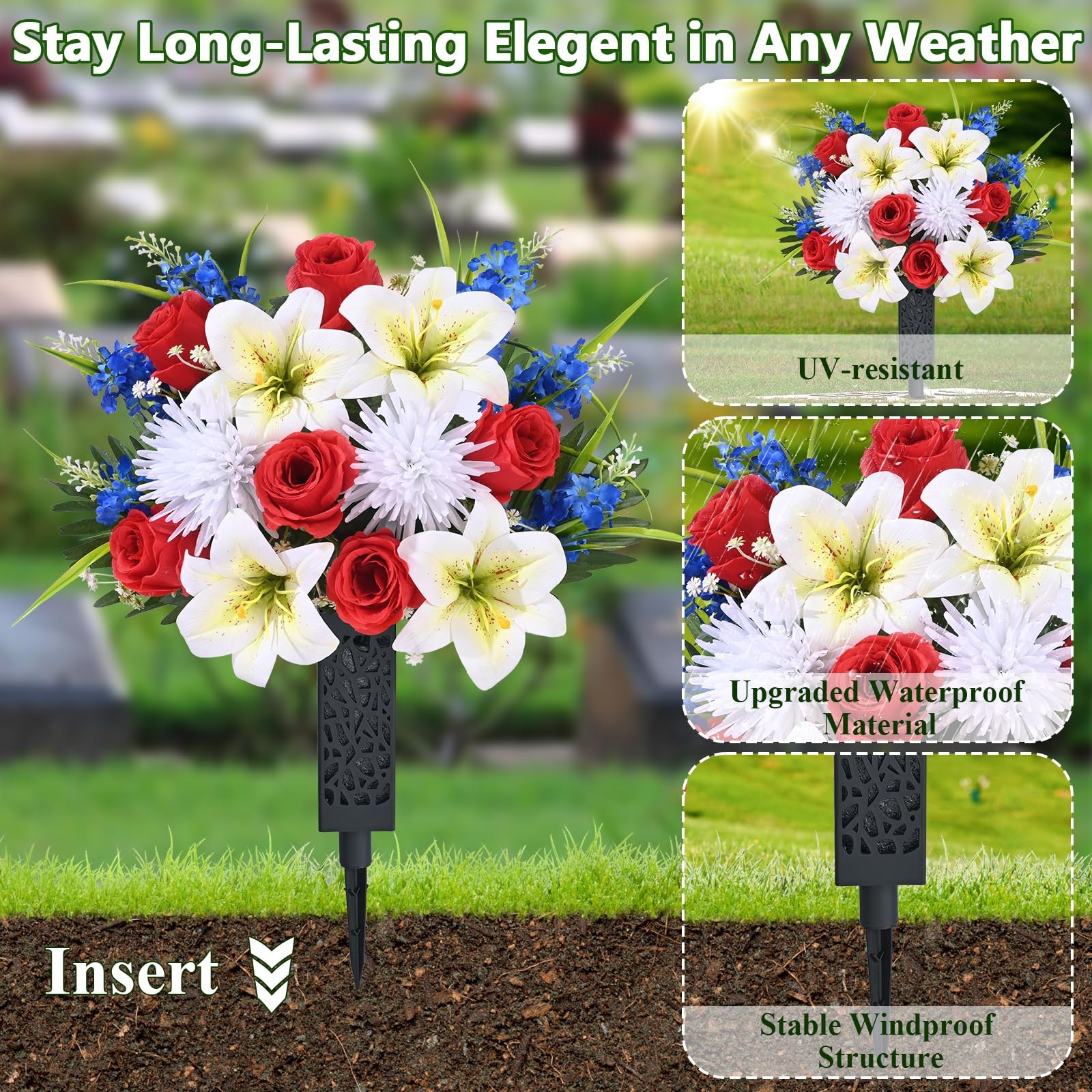 2 Sets Artificial Cemetery Flowers for Grave, Artificial Grave Flowers Memori