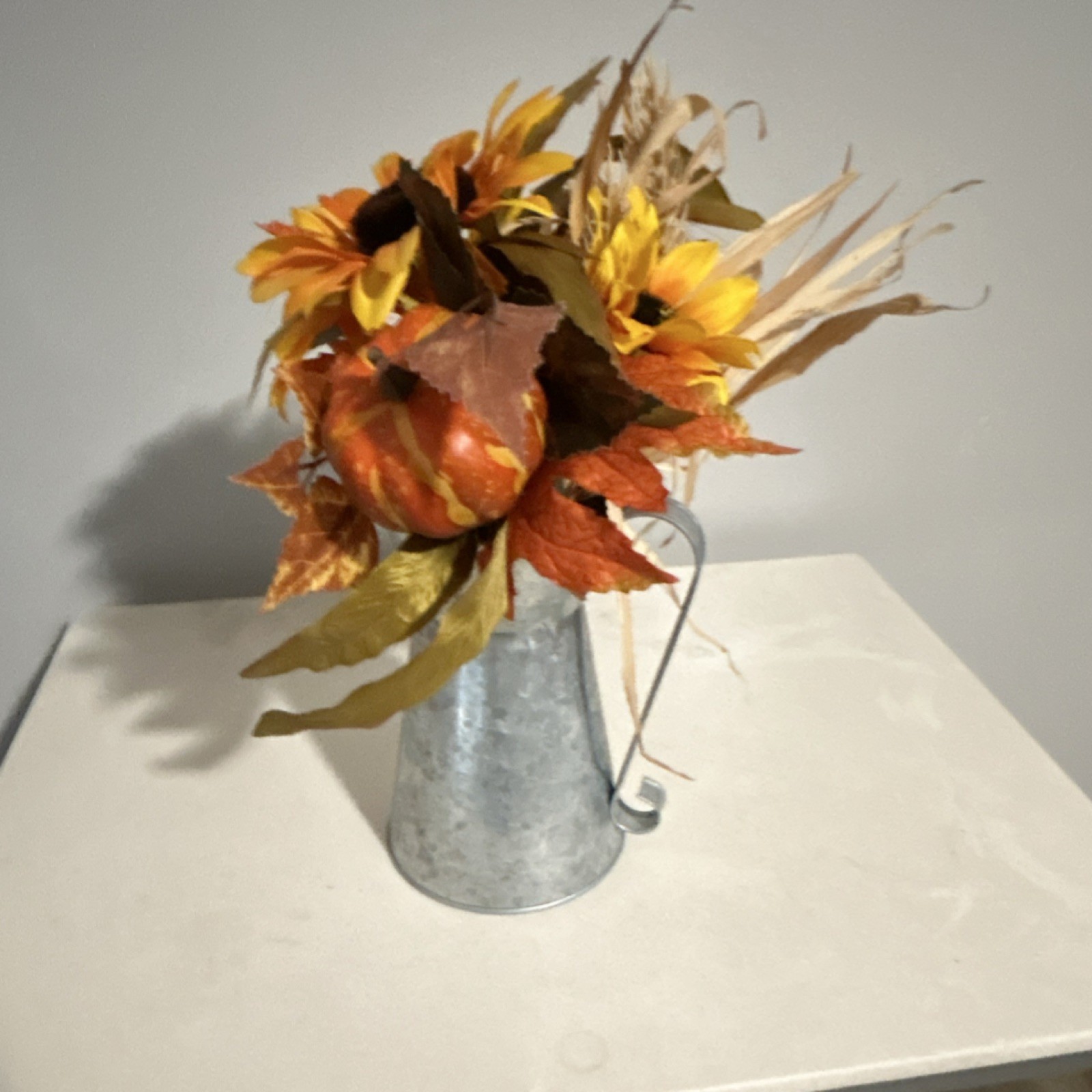 Artificial Sunflower Autumn Arrangement in Metal Vase, Yellow Orange Brown