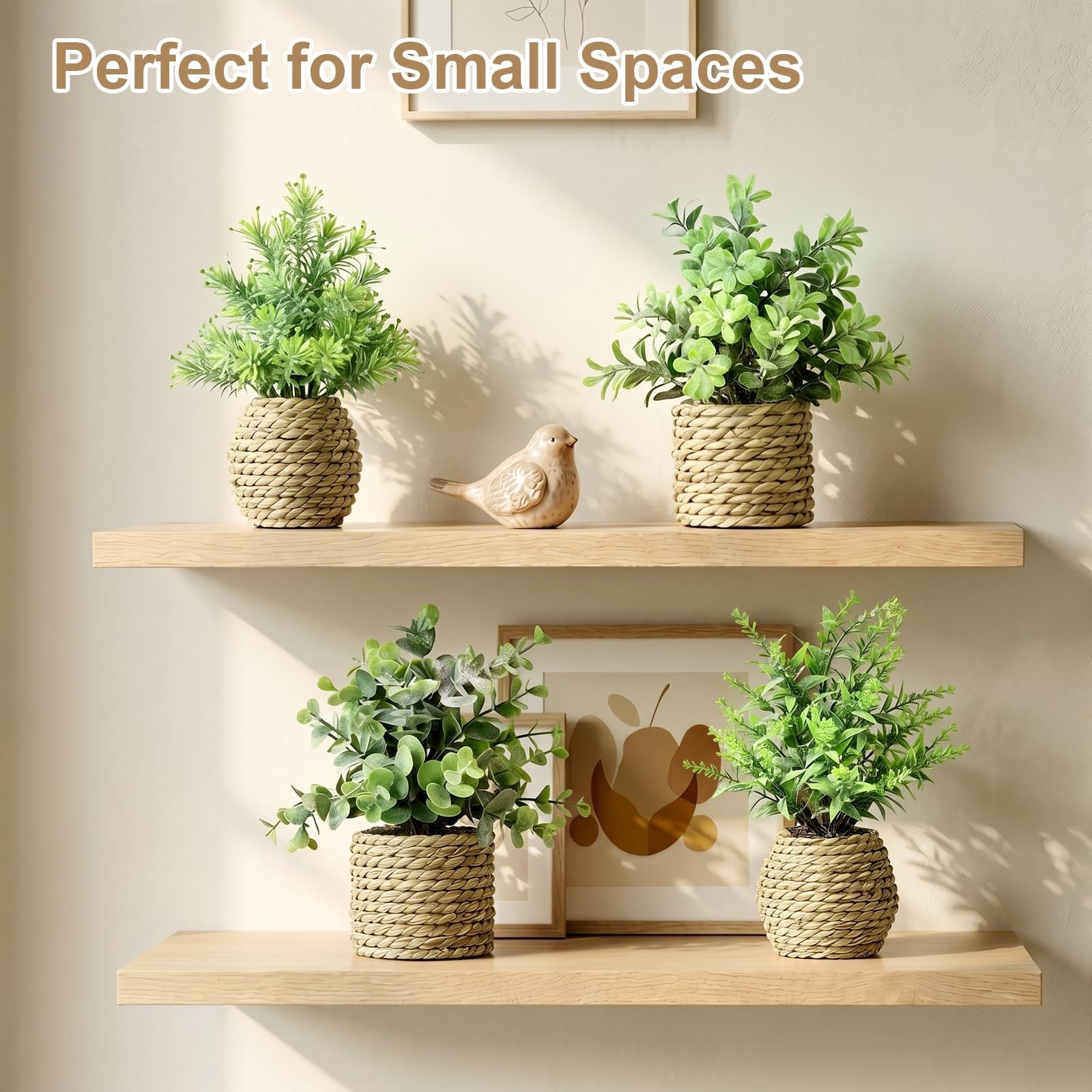 Small Fake Plants, 4 Pack Artificial Plants in Handwoven Seagrass Baskets