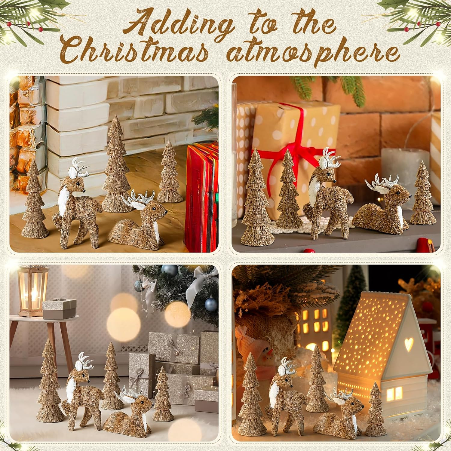 5 Pcs Christmas Sisal Reindeer Tree Centerpieces Table Fireplace Decor Christmas