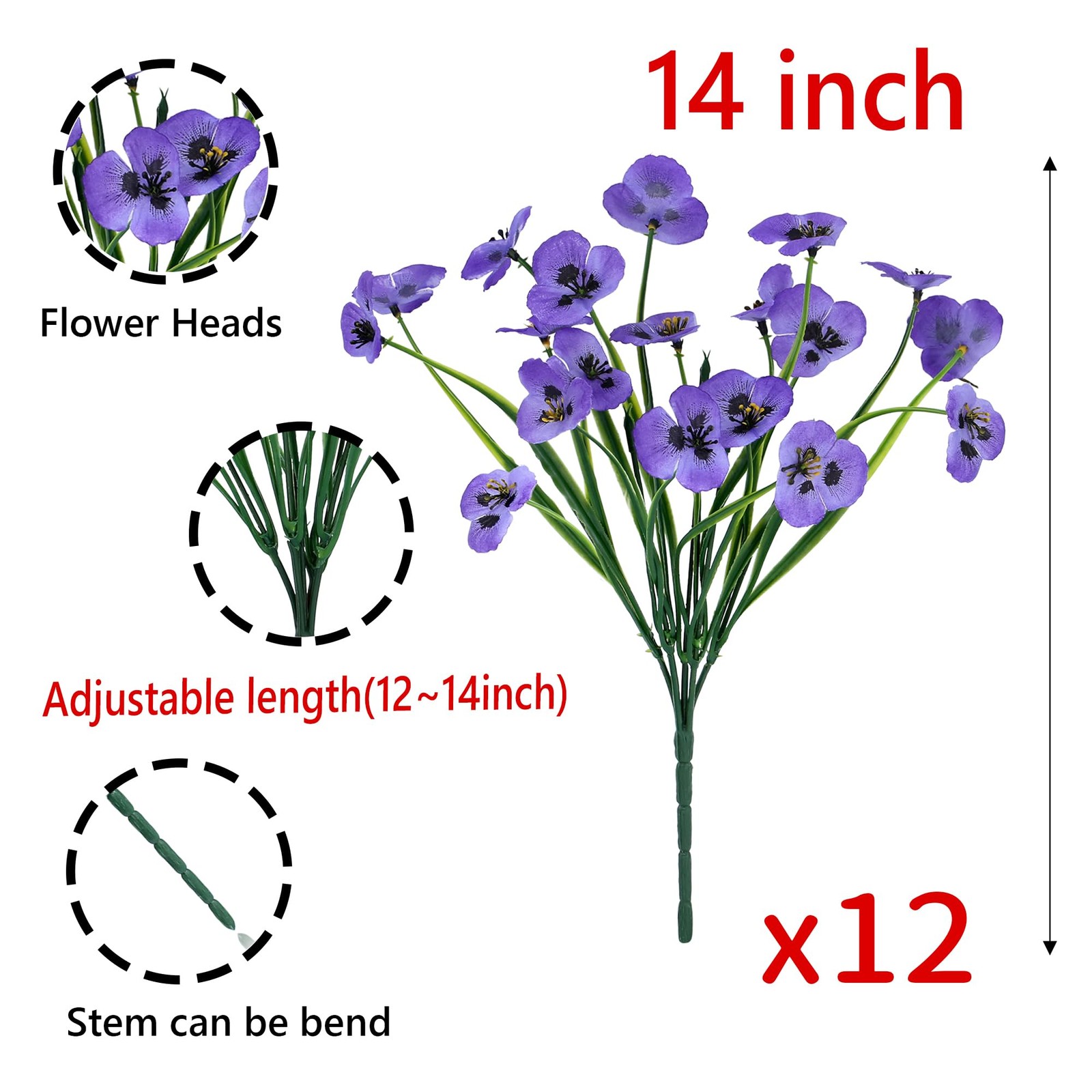 12 Bundles Purple Artificial Flowers Outdoor Pansy Fake Flower Plastic UV Res…