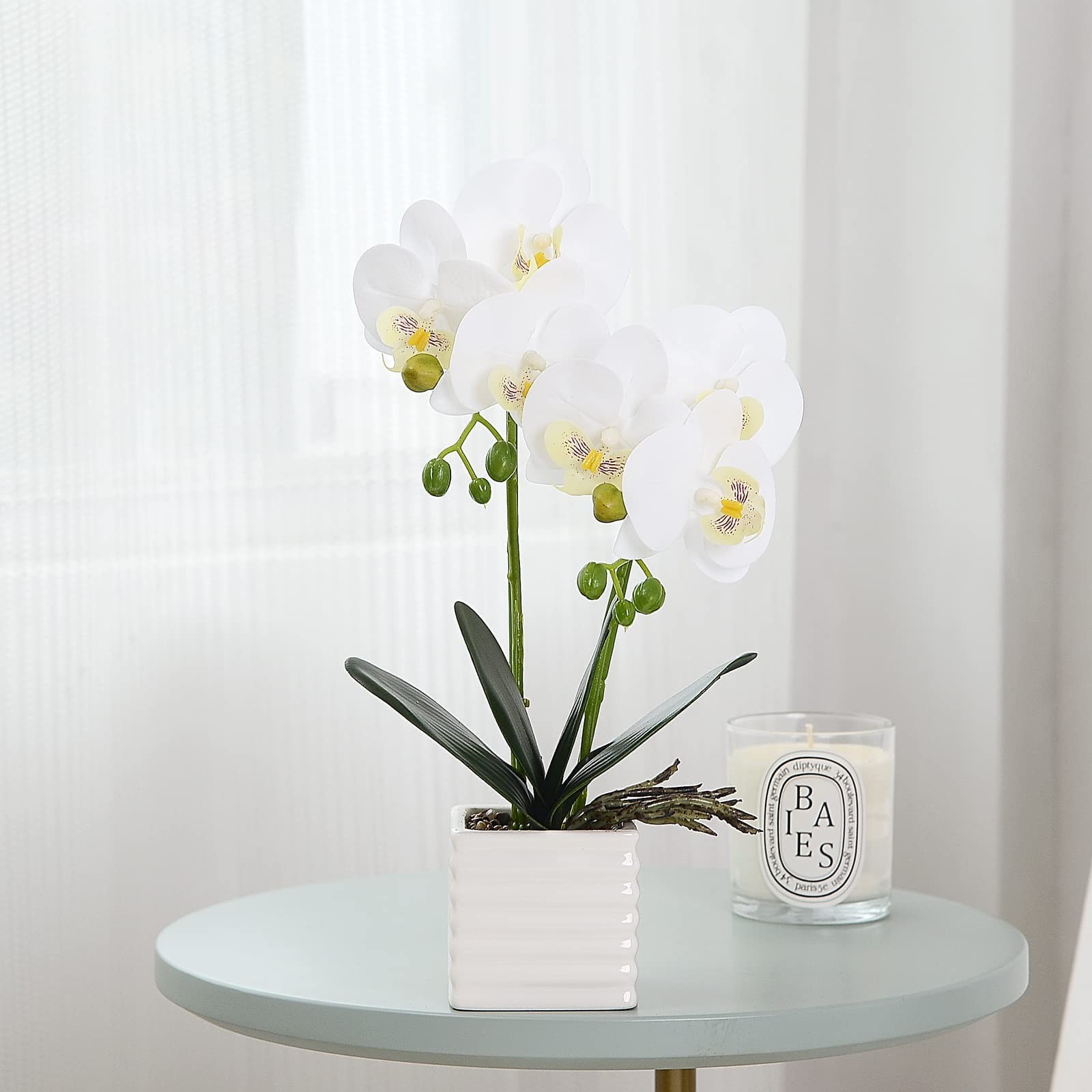 White Artificial Orchids Flowers In Silver Vase Indoor Home Table Decor Fake
