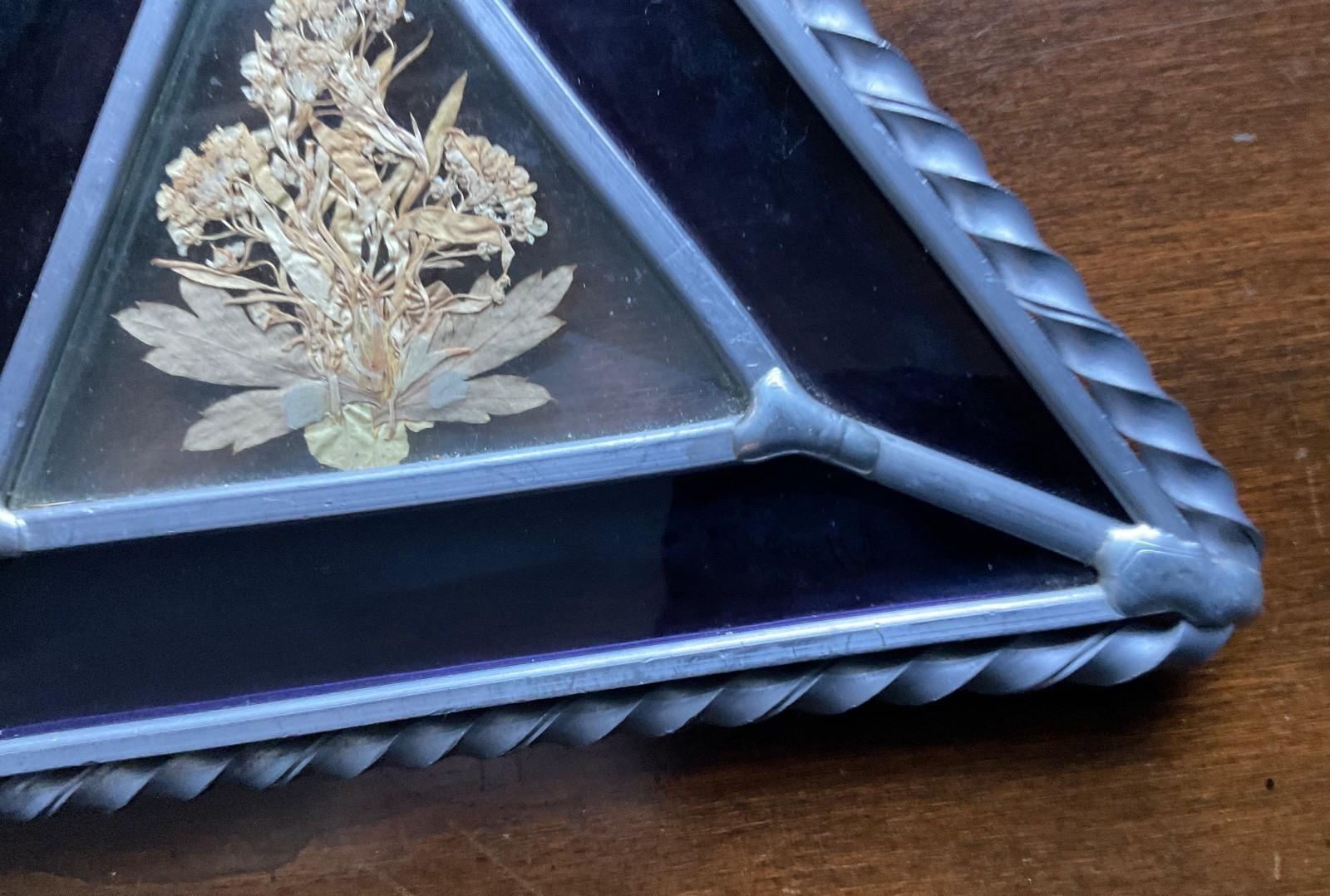 Pressed Flower Art in Floating Beveled Glass-Twisted Pewter Frame-Ornament/Decor