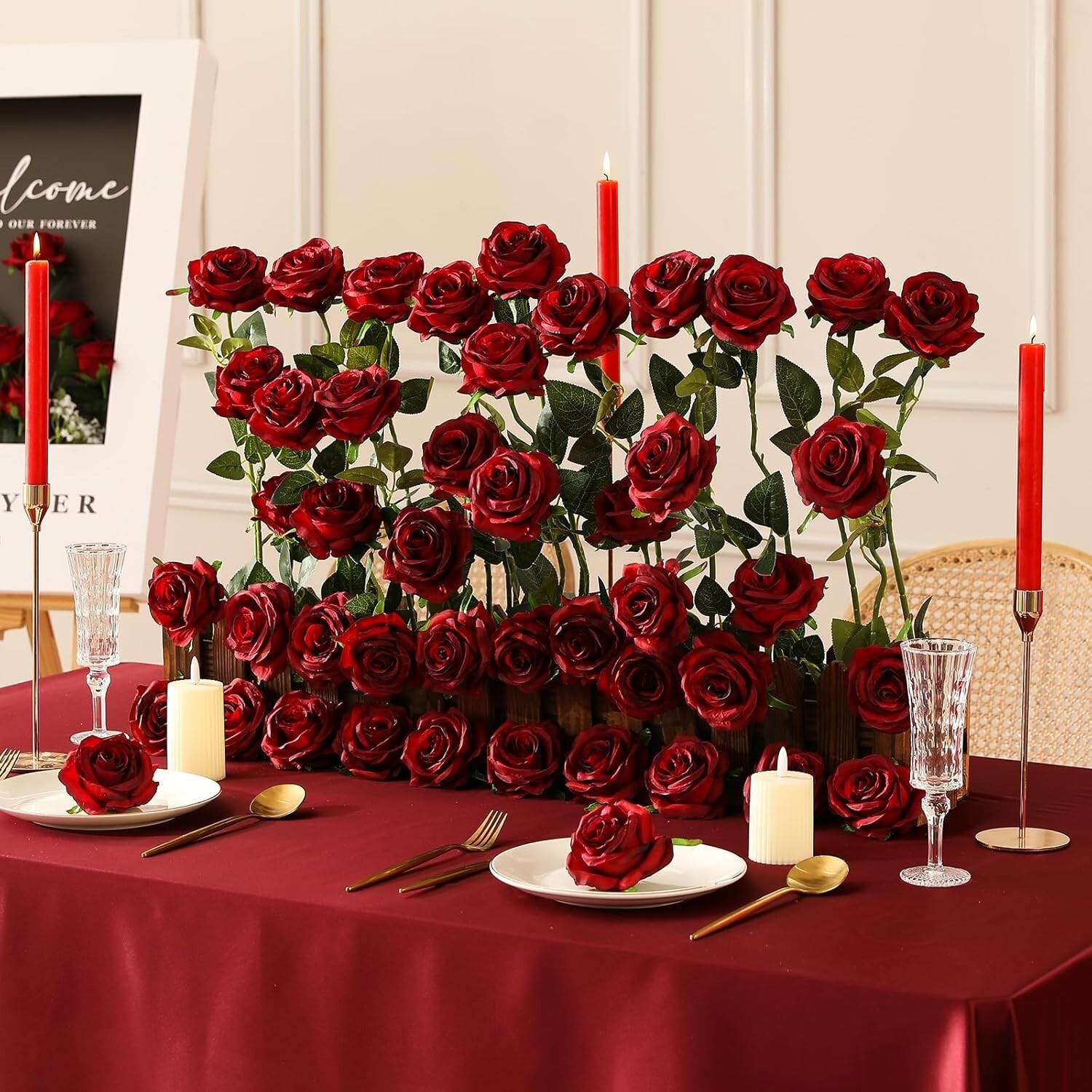 Everlasting 100 Pcs Red Silk Roses – Perfect for Weddings, Parties & Home Decor