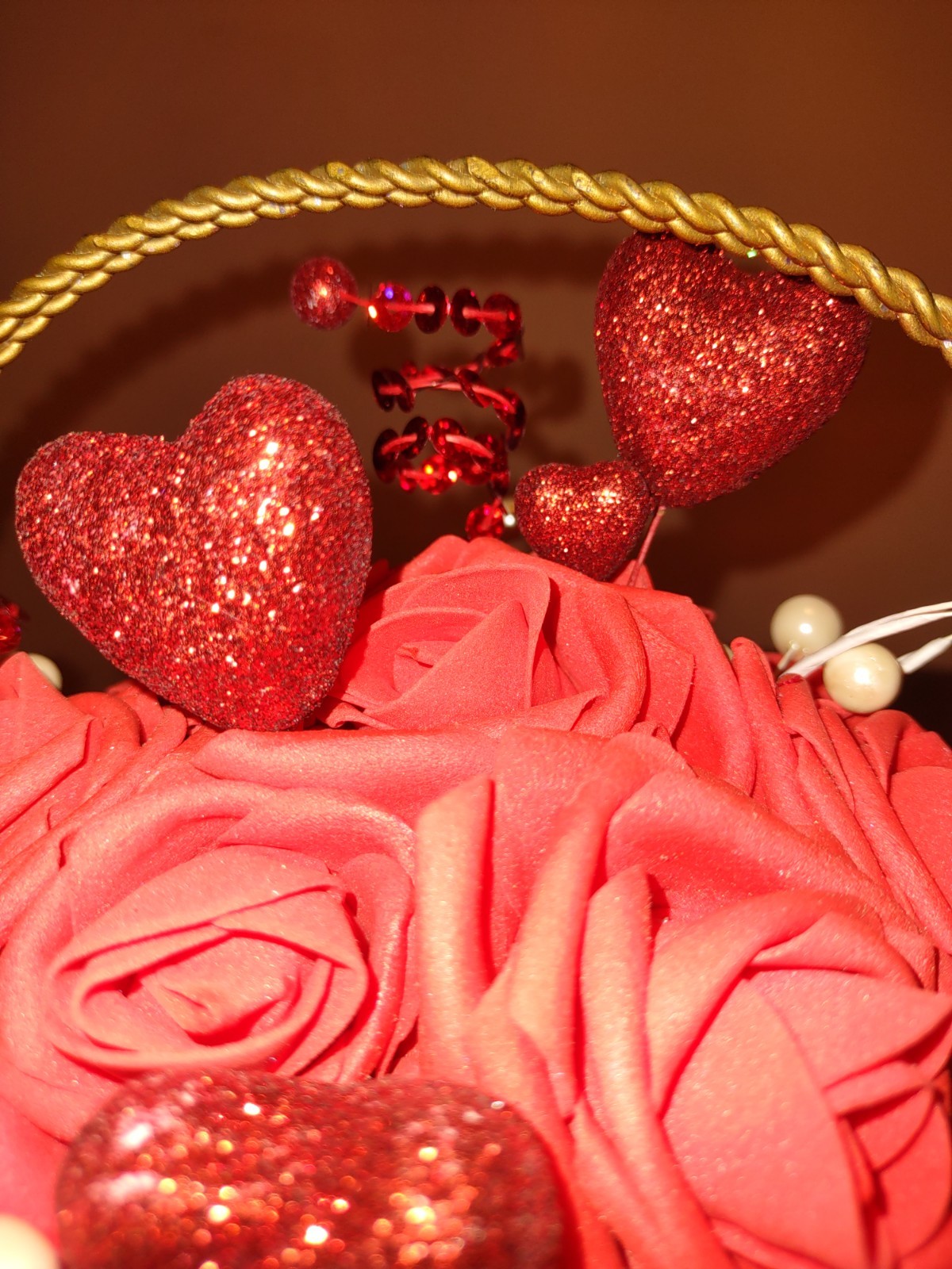 Centerpiece Valentine’s Day Faux White And Red Roses In Gold Tone Metal Basket