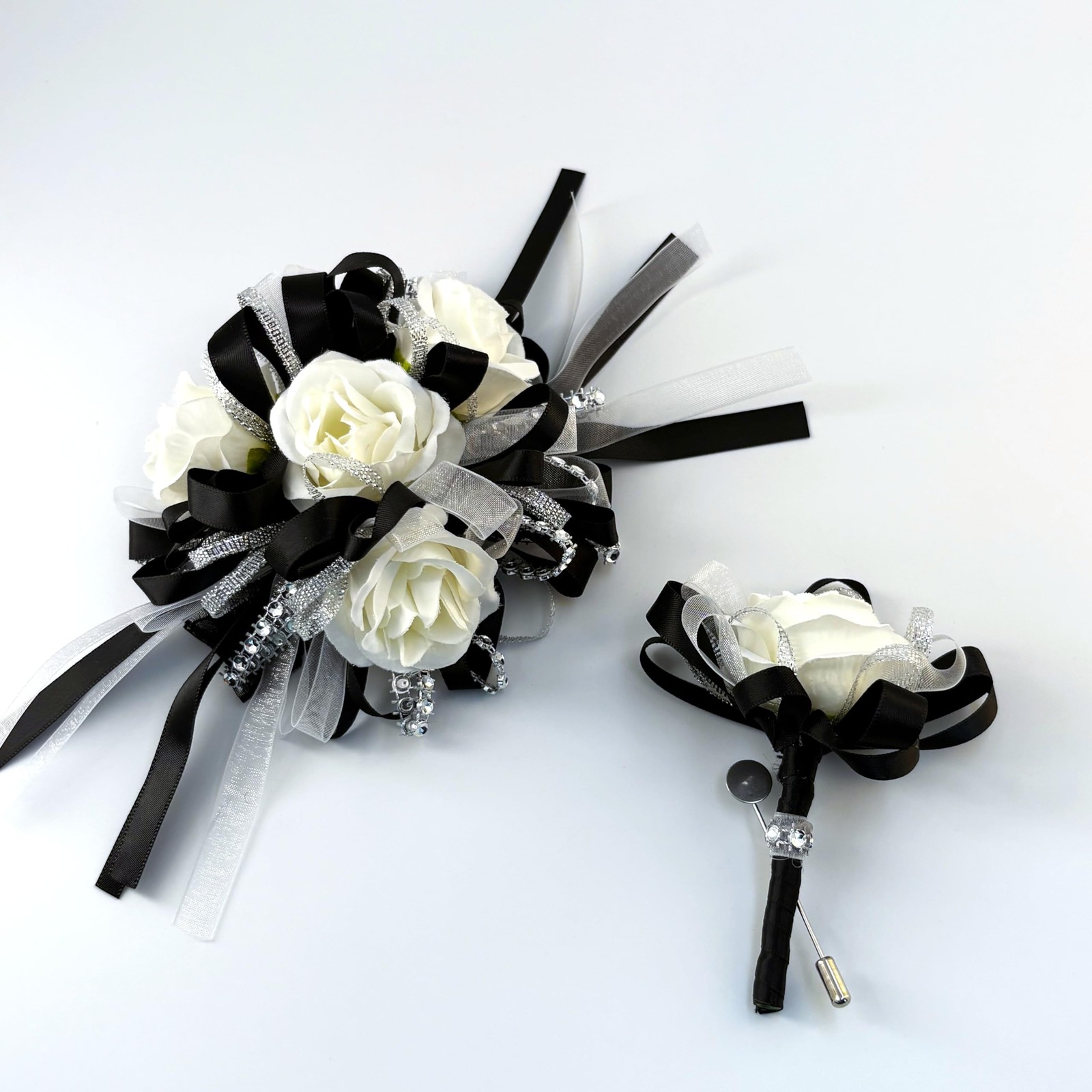 Rose Wedding Corsage Boutonniere Set Floral Suit Accessories Black & White