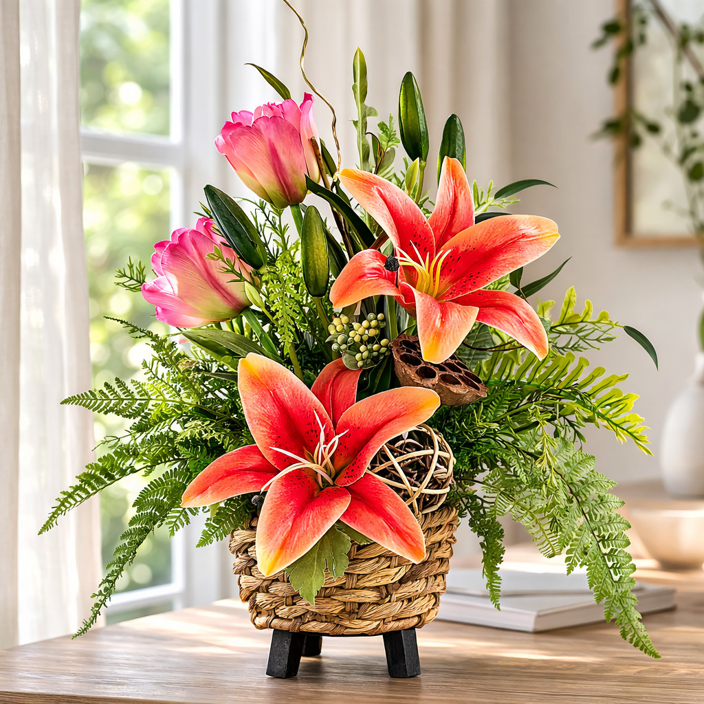 Orange Lily & Pink Tulip Arrangement: Spring Basket Floral, Silk Floral Decor