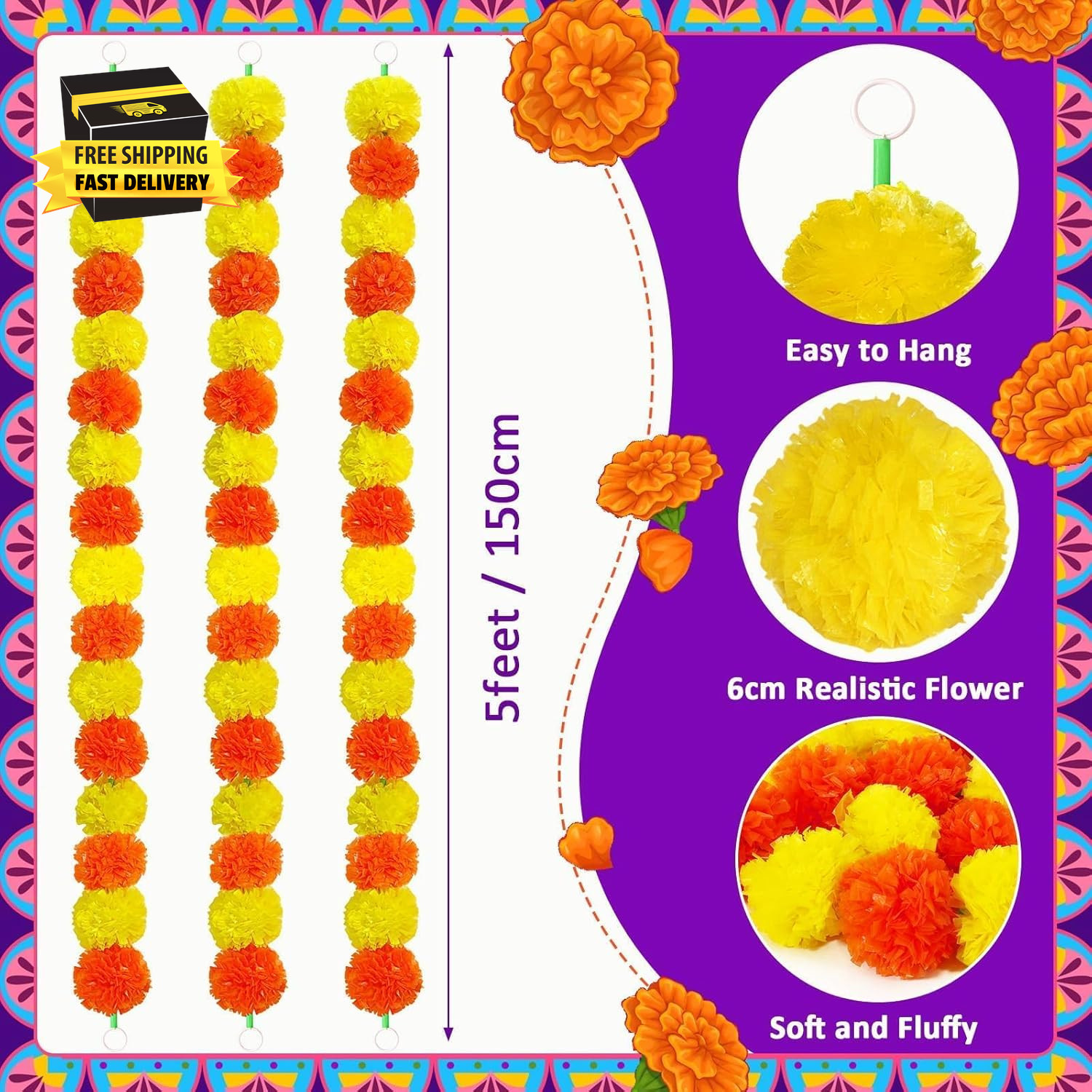 3 Pcs Marigold Garland for Decoration, 5 Feet Artificial Marigold Flowers Garlan
