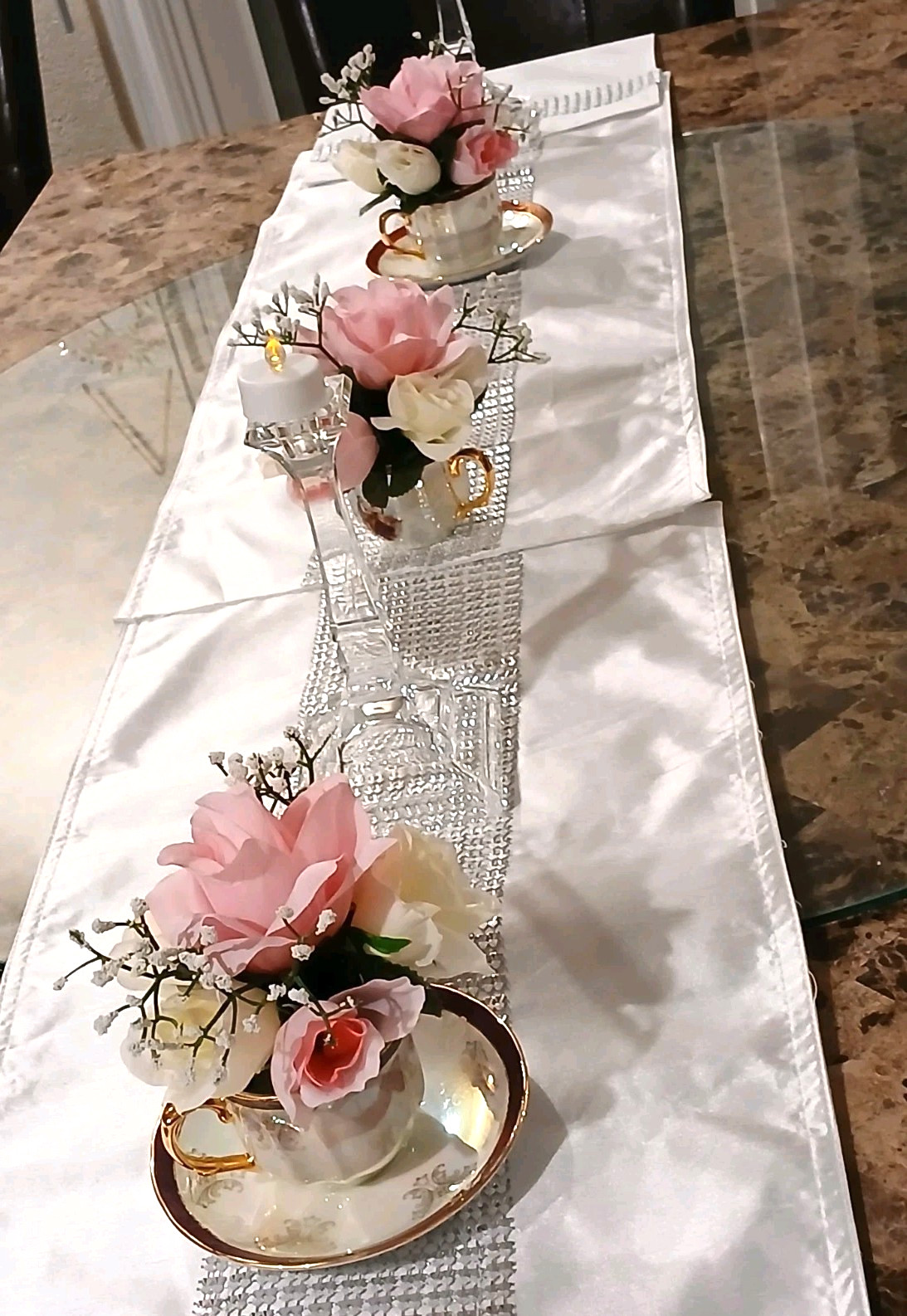Bridal Pink & White Roses Floral Arrangement Tea Party Cup POP-IN Birthday Love