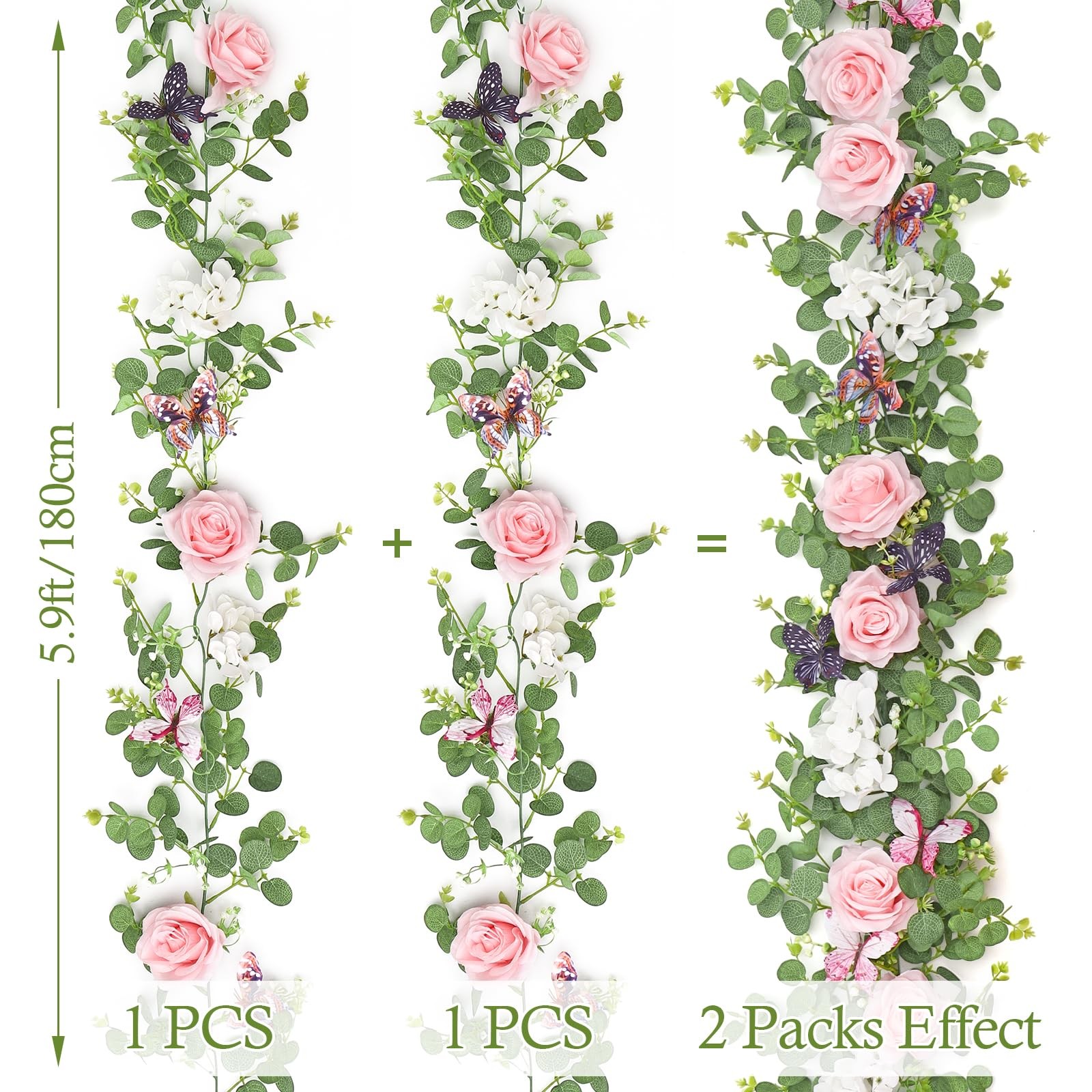 2 Pack 5.9 Ft Artificial Fake Flower Garland Pink Rose Hydrangea Vines with 3…