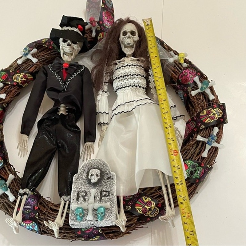Handmade Halloween Skeleton Bride Groom Wreath 18″ Gothic