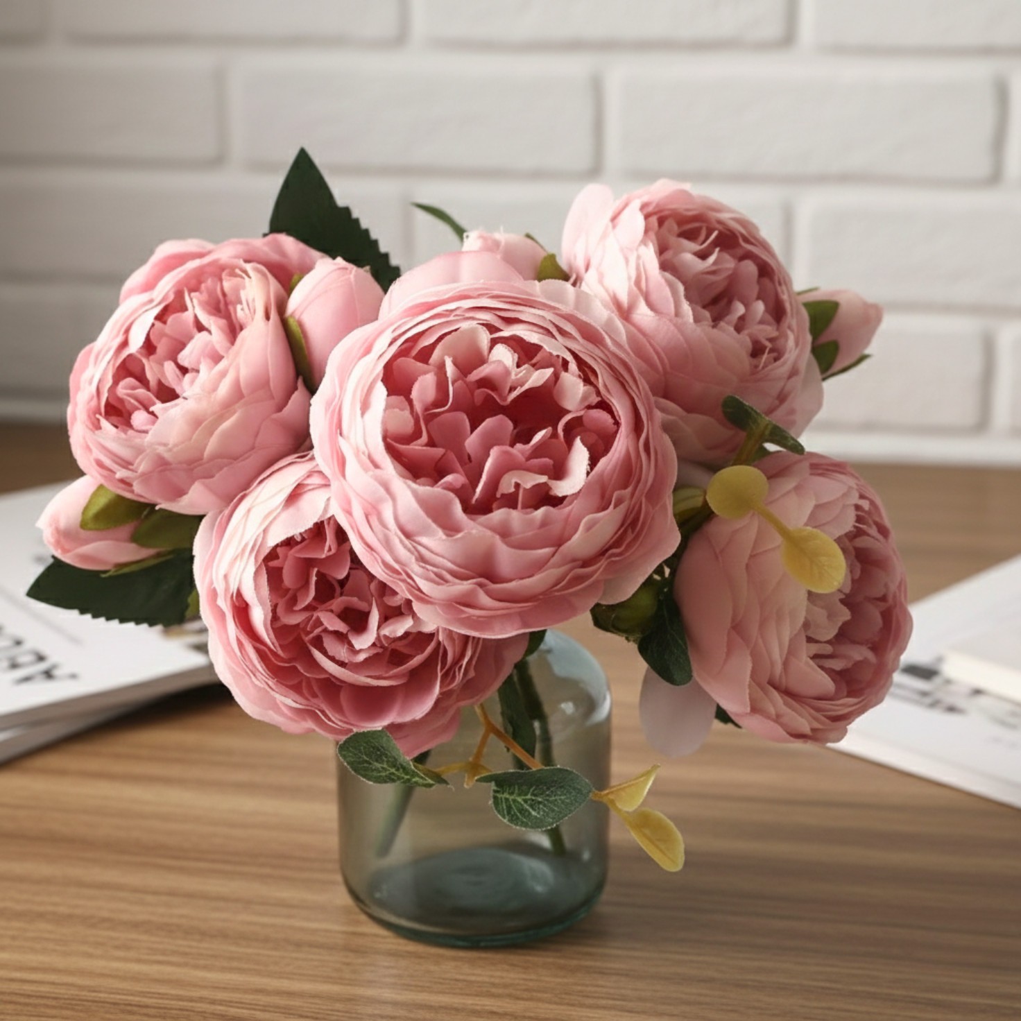 Artificial 5 Heads Silk Peony Flower Wedding Bouquet Home Party Outdoor Decor