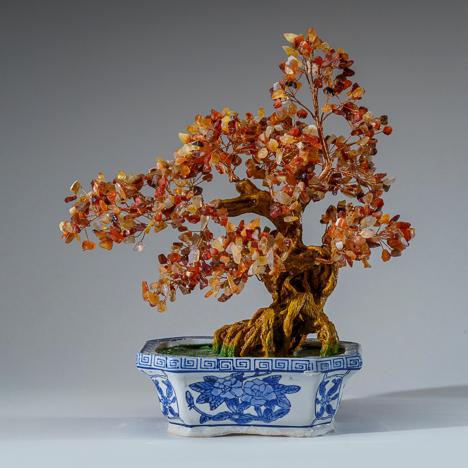 Genuine Carnelian Bonsai Gemstone Tree in Square Ceramic Pot (12”)