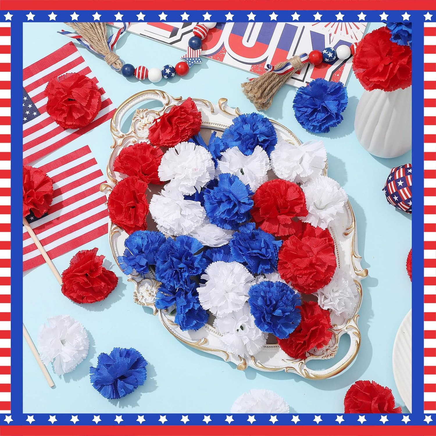 50 Pcs 4Th of July Marigold Flower Bulk Red White and Blue Flowers Memorial Day