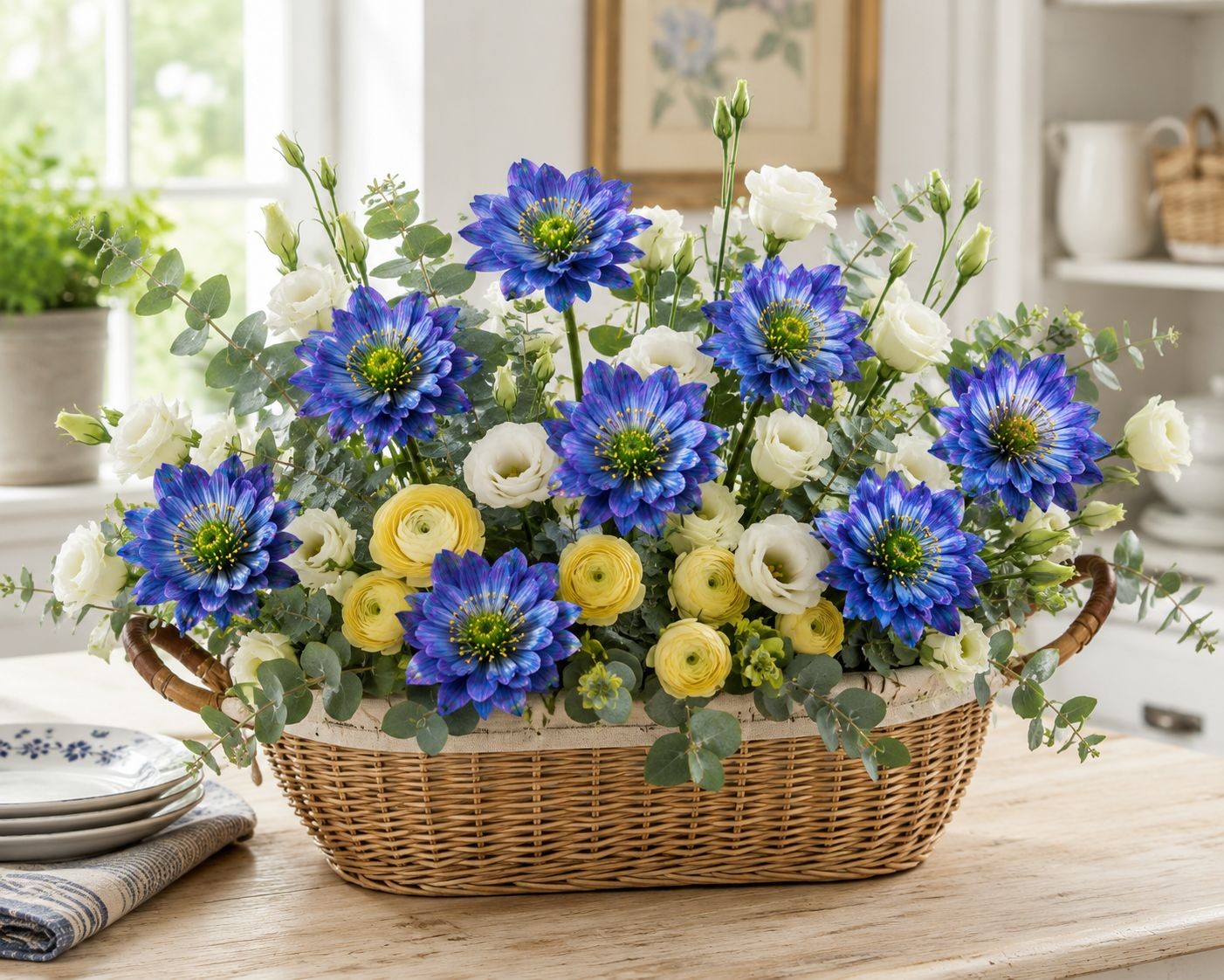 Blue Purple Real Touch Flower Stems Set of 2, 24 Inch Faux Flowers for Coastal C