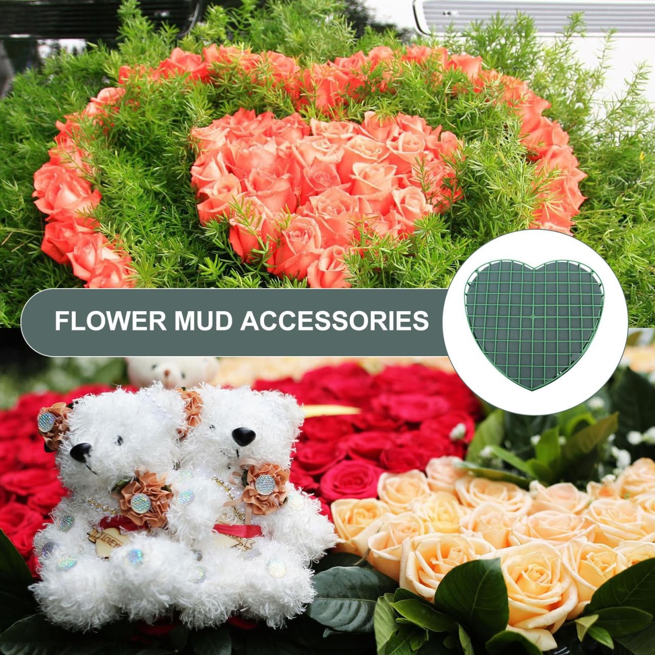 Wedding Car Floral Mud Plate Large Heart Shaped Foam Block 12.6×11.8×1.6 Inch