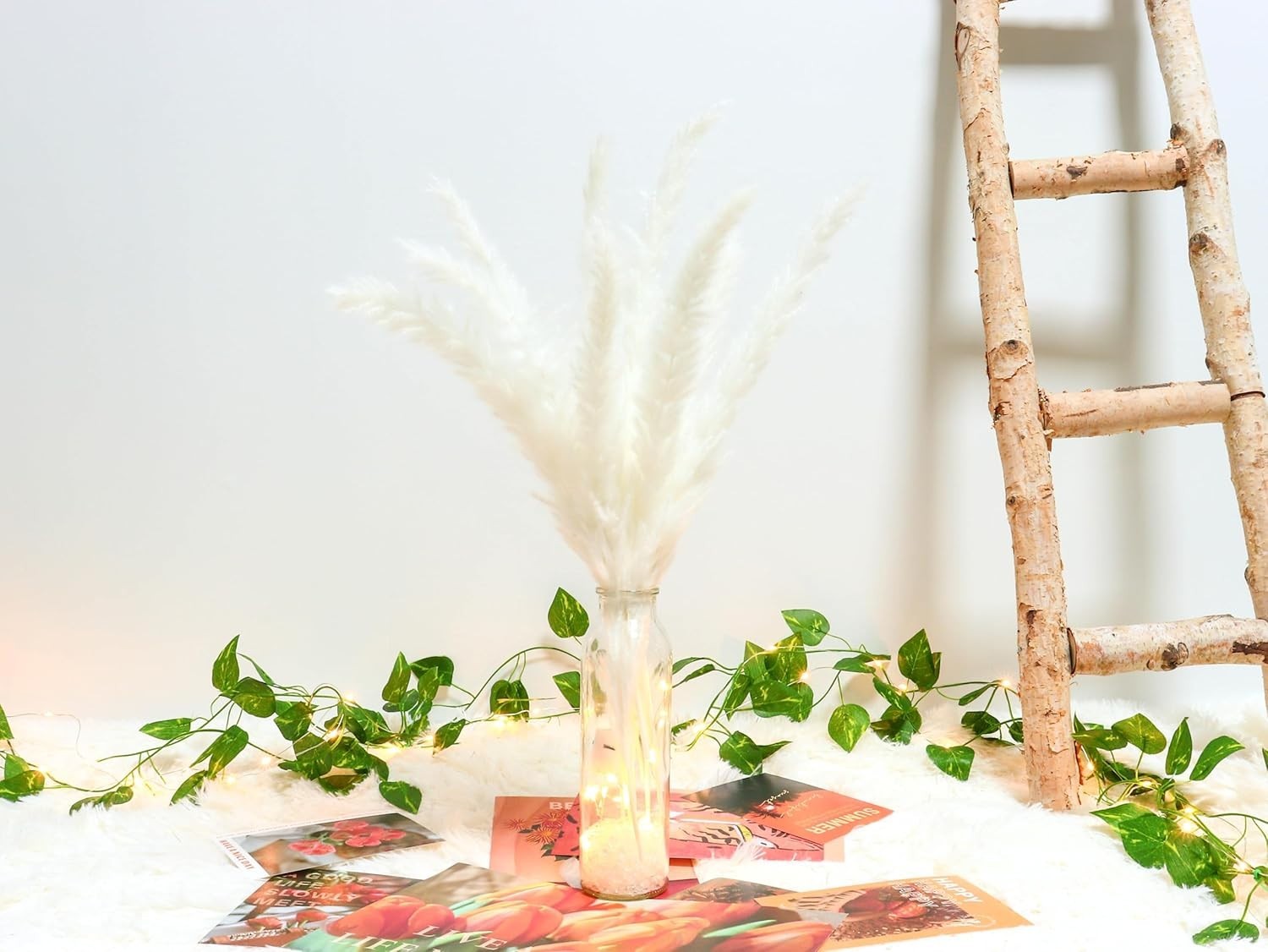 Versatile Pampas Grass Decor with LED Lights & Glass Vase for Stunning Homes