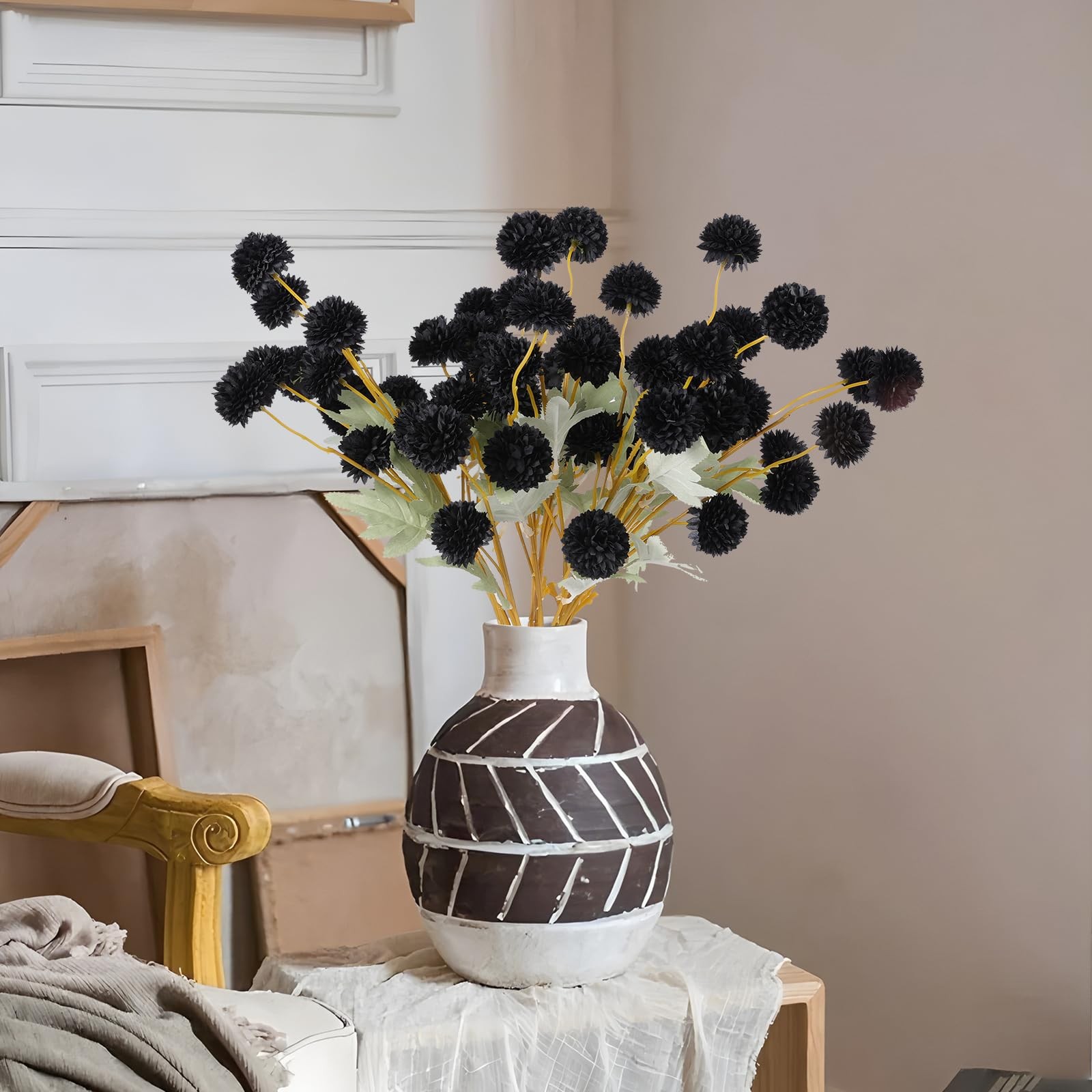 12 PCS Artificial Black Chrysanthemum Kiku Pom Mums Faux Floral Halloween