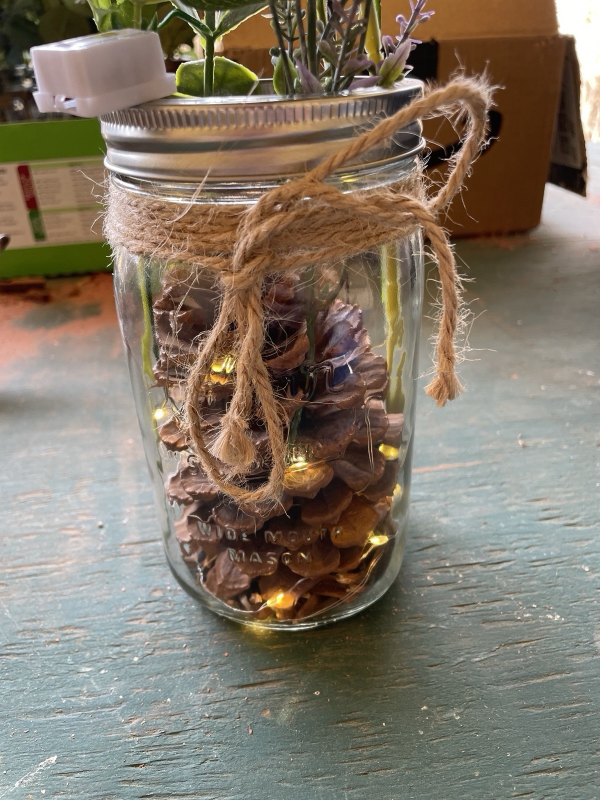 Artificial White Rose Mason Jar Centerpiece w/ Greenery Pinecones