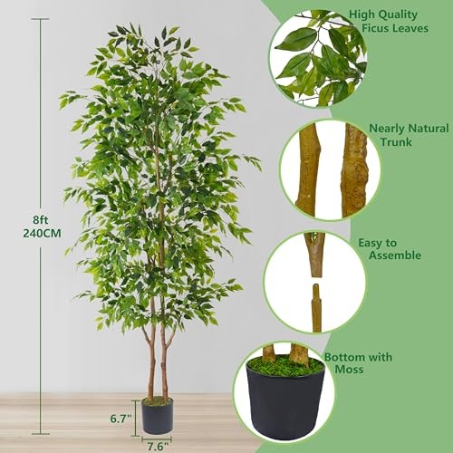 Artificial Tree, 96” Realistic Leaves Large Fake Plant with Basket, 8ft Ficus