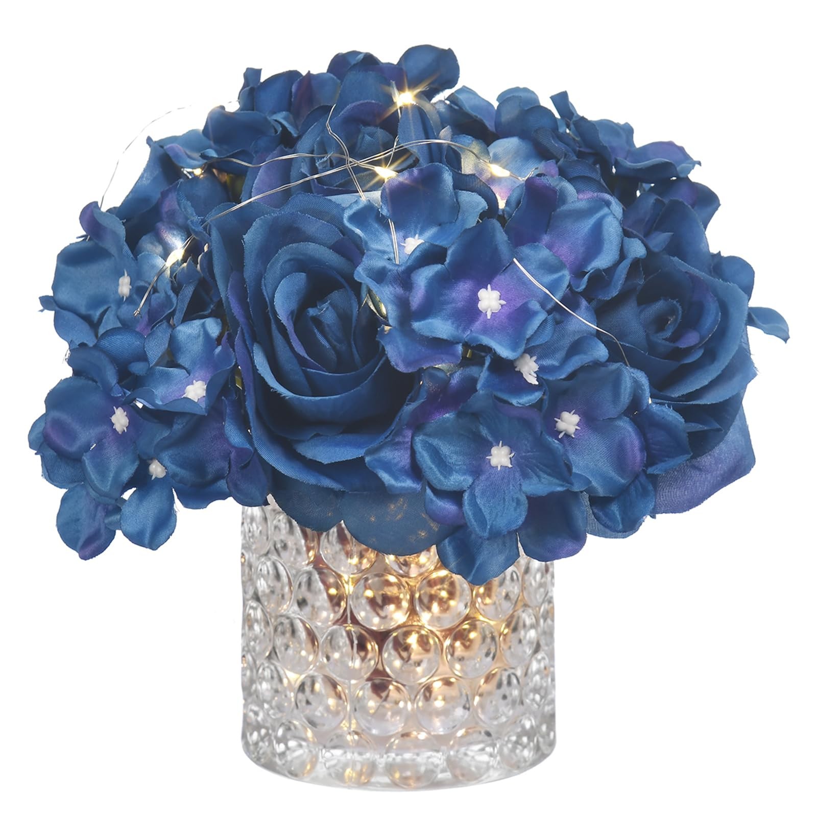 Rose Silk Flower Arrangement Artificial Vivid Rose in Glass Vase with LED Lig…