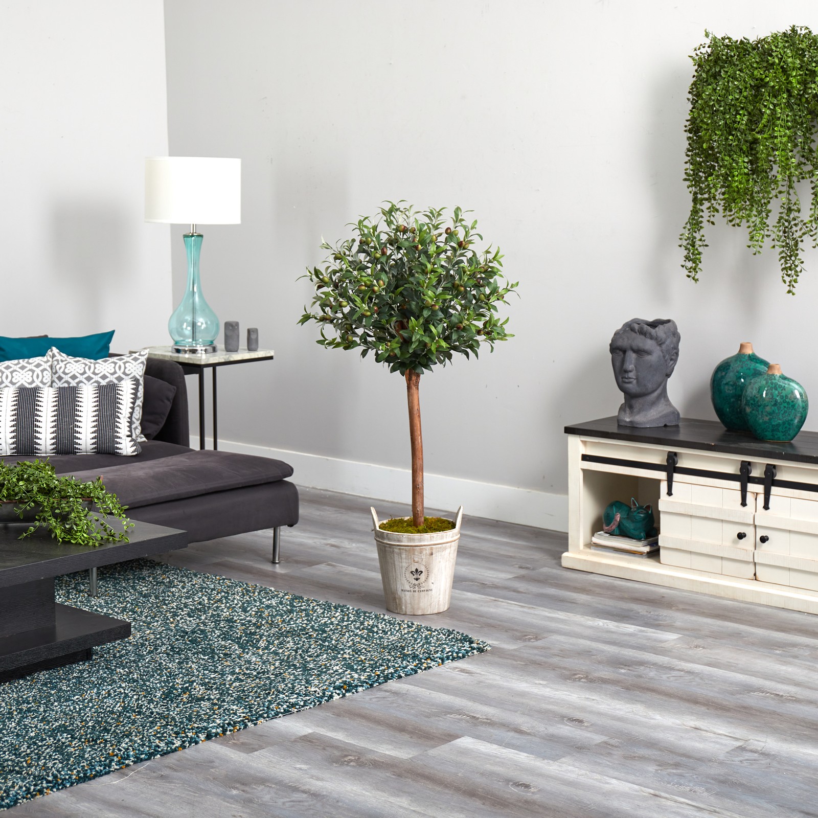Nearly Natural 4.5ft Olive Topiary Tree with European Barrel Planter in Green