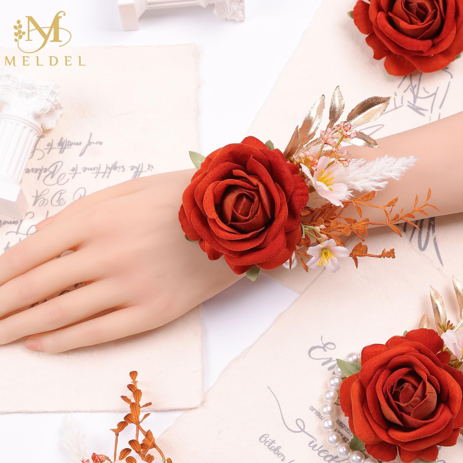 6 PCS Orange Velvet Rose Wrist Corsage Wedding Bridal Flower Prom Party
