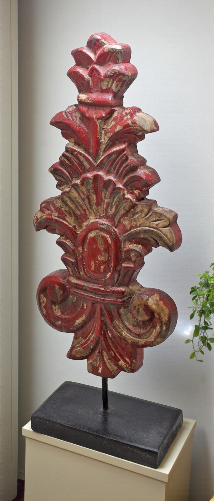 Hand Carved Wooden Flower Carving Panel Plaque on Stand Rustic Red Painted