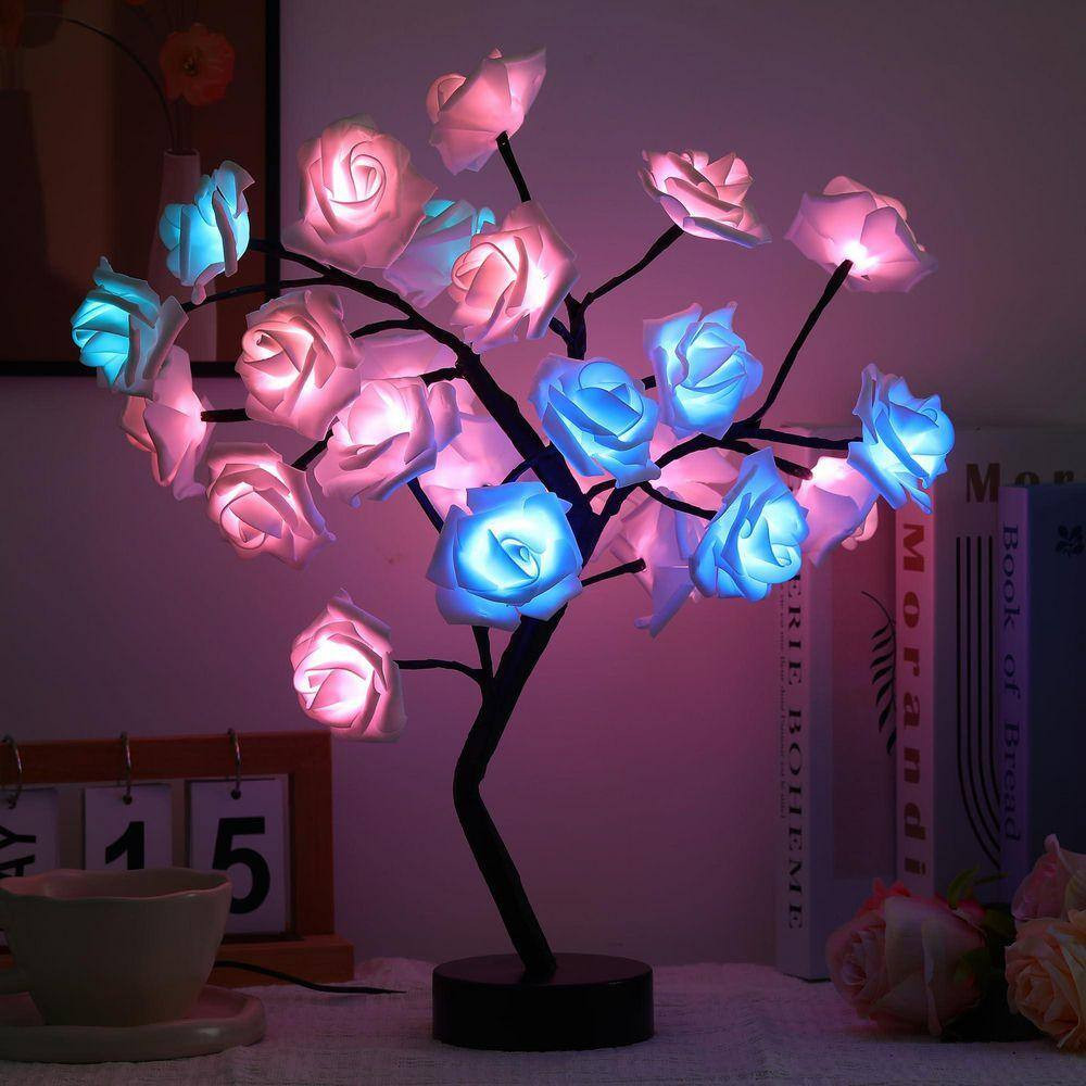 Artificial Rose Flower Tree LED Night Light Bonsai Style Tabletop Tree in Pot fo