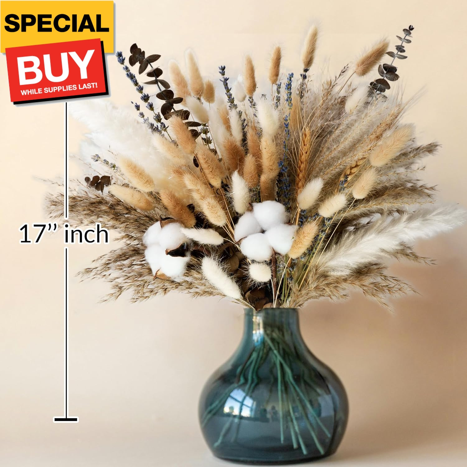 Natural Dried Flower Bouquet – Pampas Grass, Cotton Stems, Bunny Tails, Eucalypt