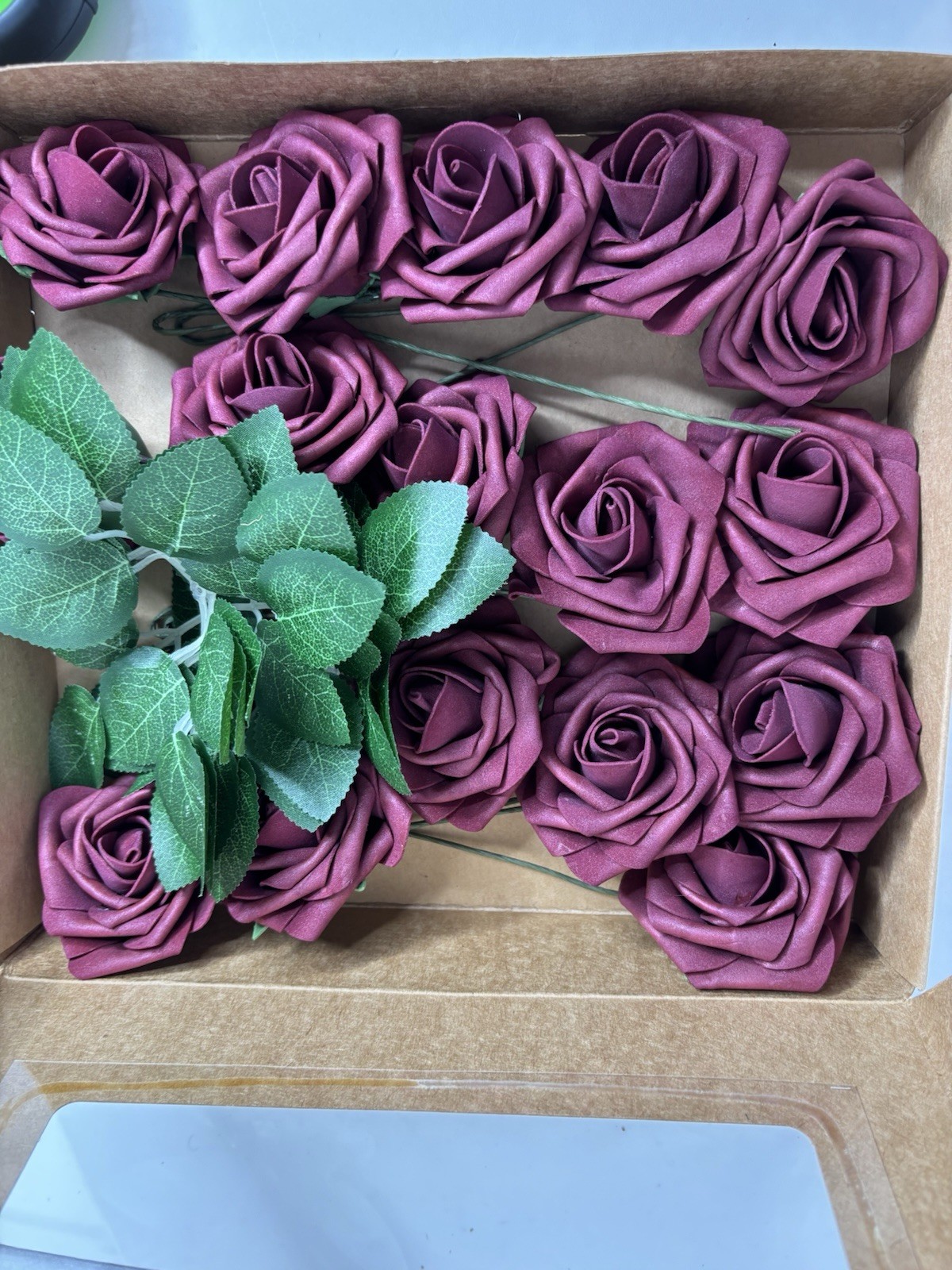 Artificial Flowers Real Look Burgundy Foam Roses 16 stems & 7 Greenery