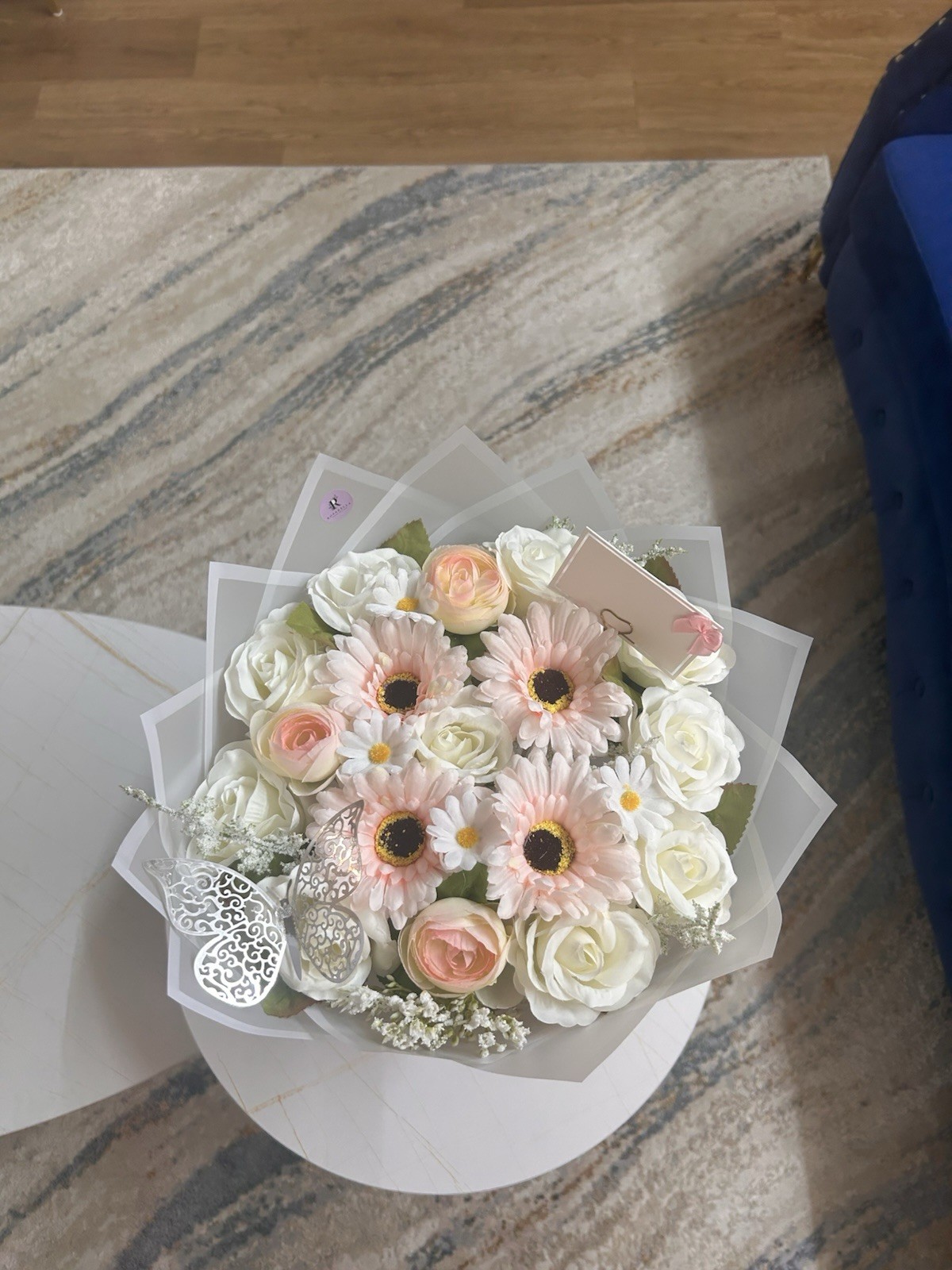 Artificial Pink & White Rose and Gerbera Daisy Flower Bouquet Bunch