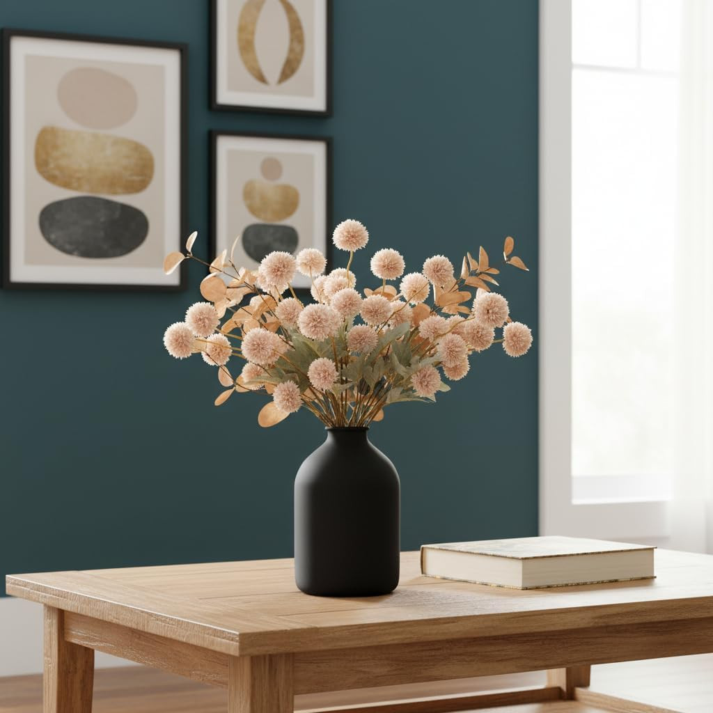 Artificial Flowers for Vase – Beige Silk Mums 10 Long Stems with Eucalyptus, Fau
