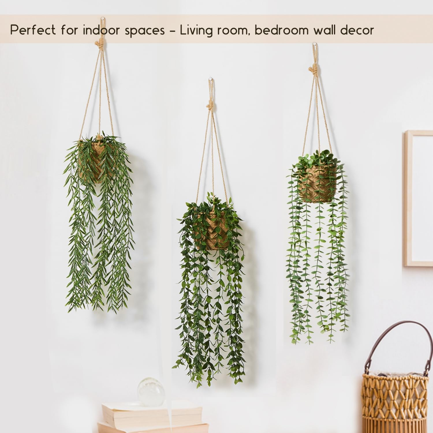 3 Pack Artificial Hanging Plants in Boho Handwoven Baskets for Living Room, B…